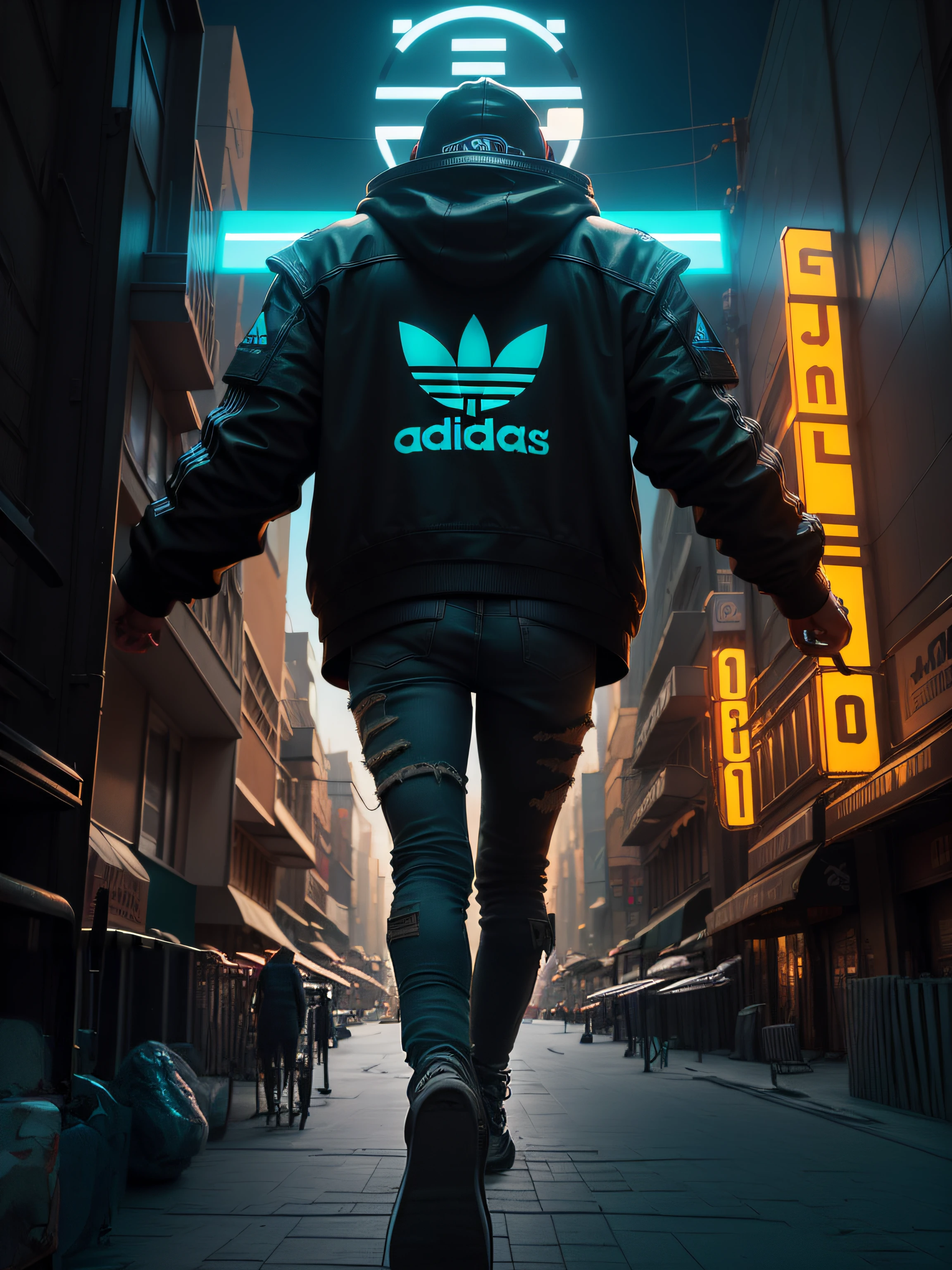 "persona caminando en una calle con carteles de neon"