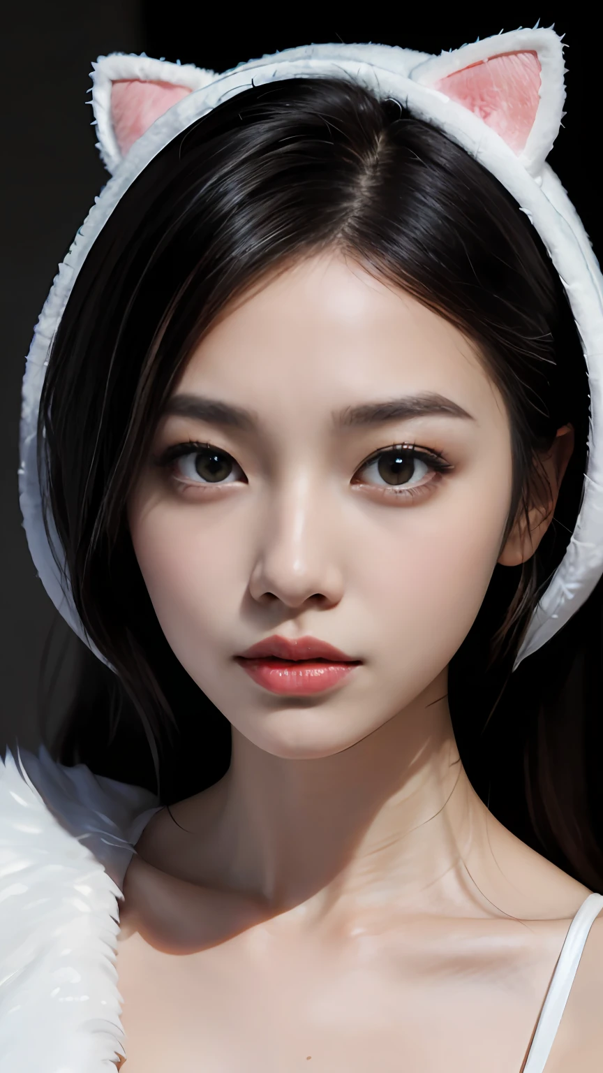 Slender Asian girl, kpop idol, ((In a cat costume)), ((top quality, 8k, masterpiece: 1.3)), crisp focus: 1.2, beautiful woman with perfect figure: 1.4, highly detailed face and skin texture, detailed eyes, ((skinny)), beautiful face, symmetrical face, full-length, sexy, naked