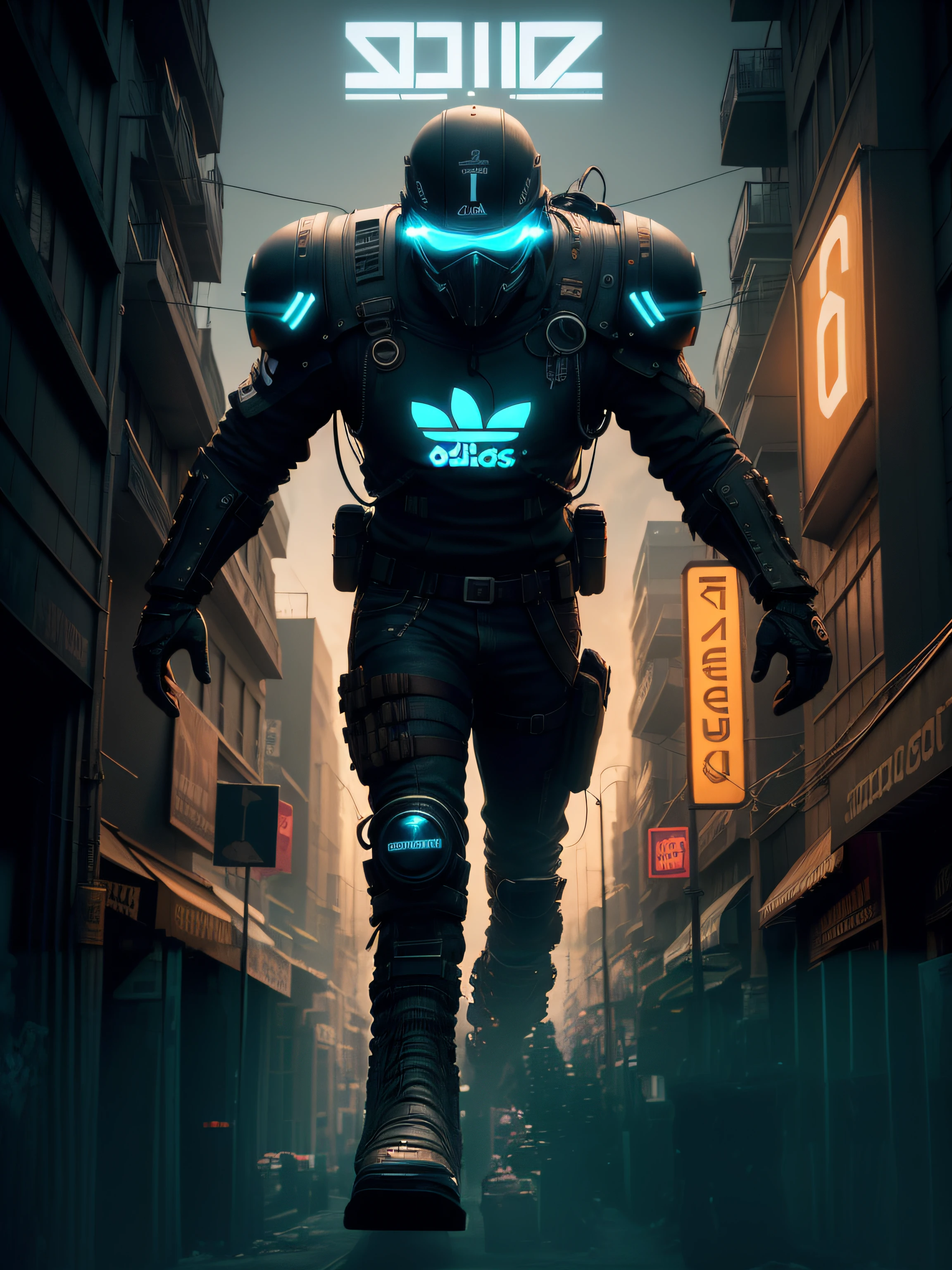 Robot soldier advancing on a street with flashy neon signs.