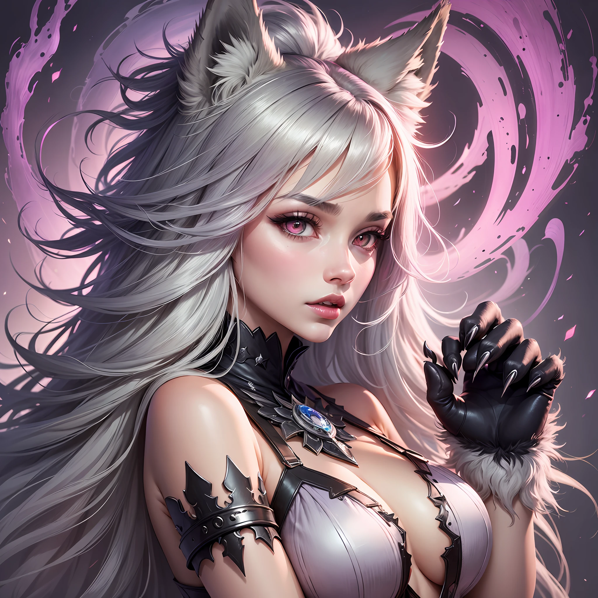 female body wolf, purple fur, long silver claws, arms outstretched, howl humain face, black skin, pink eyes, pink lips, prominent silver canine --auto --s2
