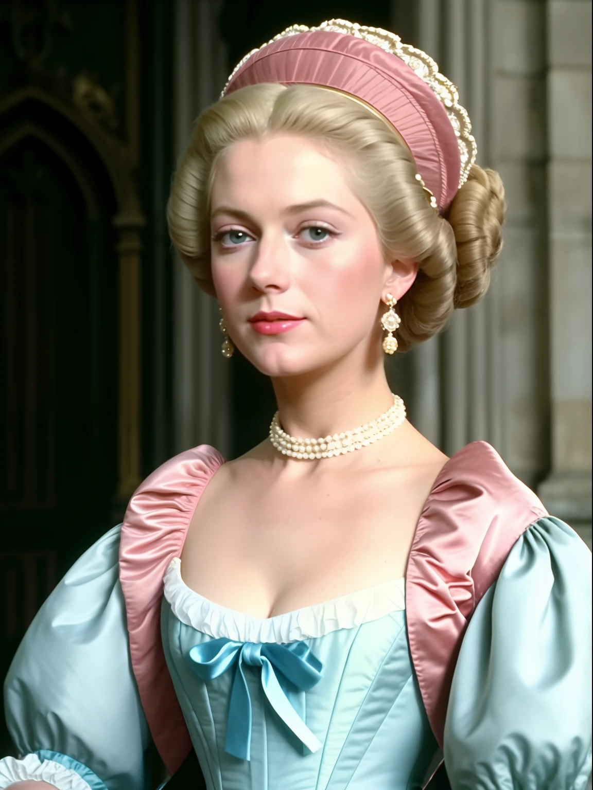 close up, the 90s scene movie, a young princess wearing pink pale grand habit with a Rococo coiffures and standing outside a church in the 18th century in french, a screen shot by Victor Fleming, featured on tumblr, aestheticism, drama movie, beauty face, movie still, 1990s, look like Taylor Swift, film grain, Madame du Barry fashion, the 18th century french fashion royal, regency era in French