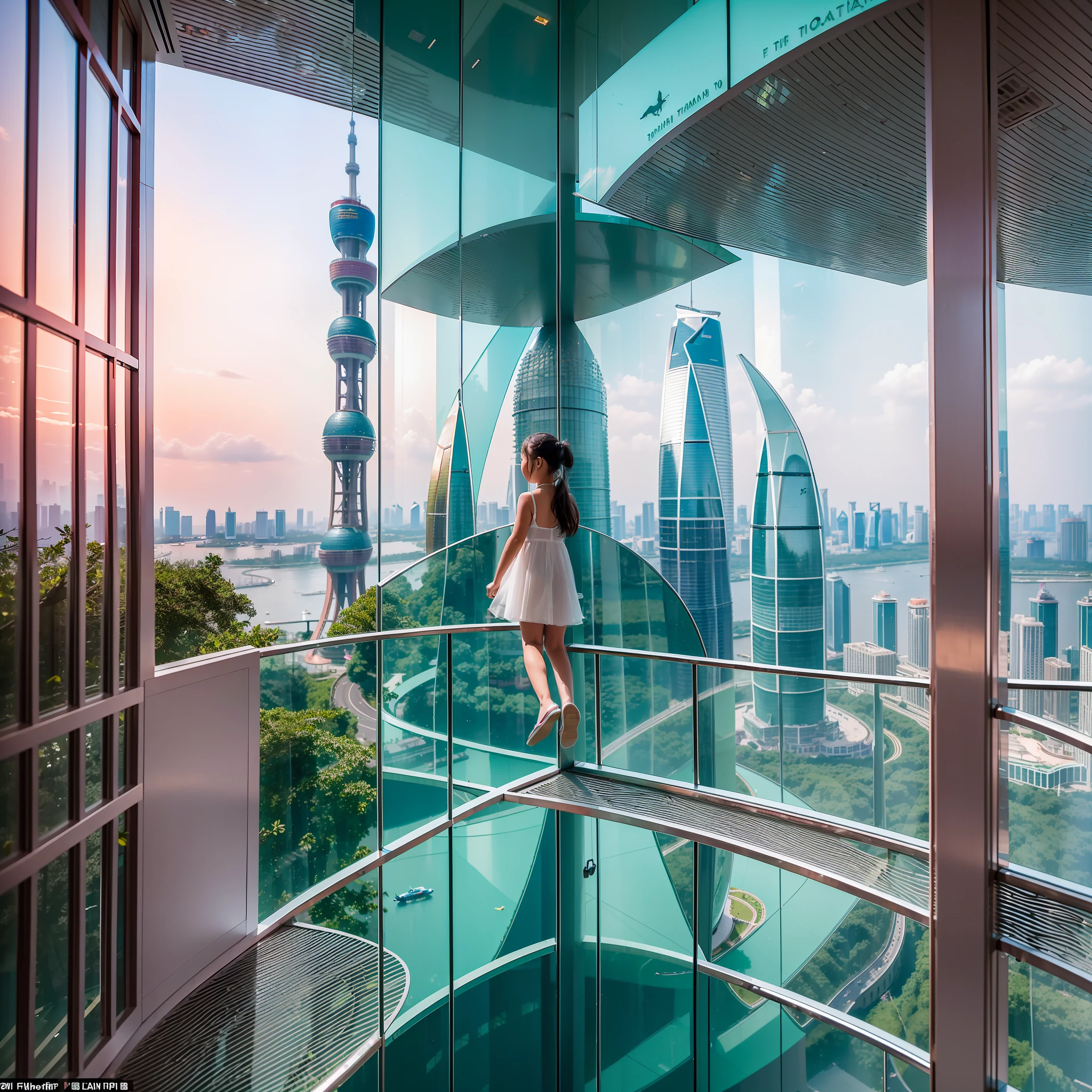 There is a fifth of the forest around，The sky is colorful，Located on the 108th floor of Shanghai Tower on the Bund in Shanghai，Five 11-year-olds, Delicate noble girl in bikini frolicking in the pool by the floor-to-ceiling windows，High-altitude helicopters fly by from a distance