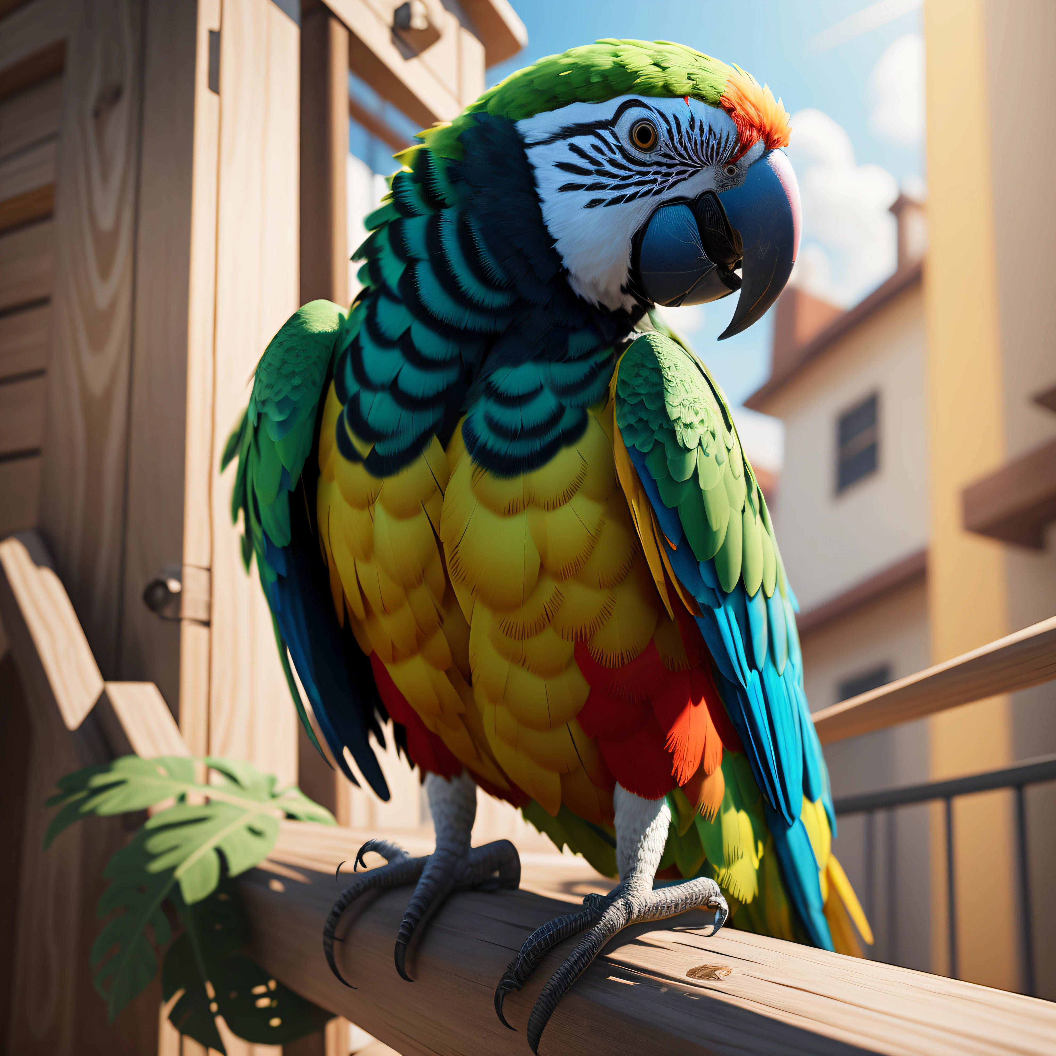 Colorful parrot perched on a wooden railing in front of a building, feito com motor irreal, Criado em Unreal Engine 5, renderizado no Unreal Engine 5, Renderizado em 8 K Unreal Engine, super detailed rendering, 8k texturizado altamente detalhado, Textura altamente detalhada 8K, stylized as a 3d rendering, papagaio, fotorrealista altamente detalhado, hiper real altamente detalhado