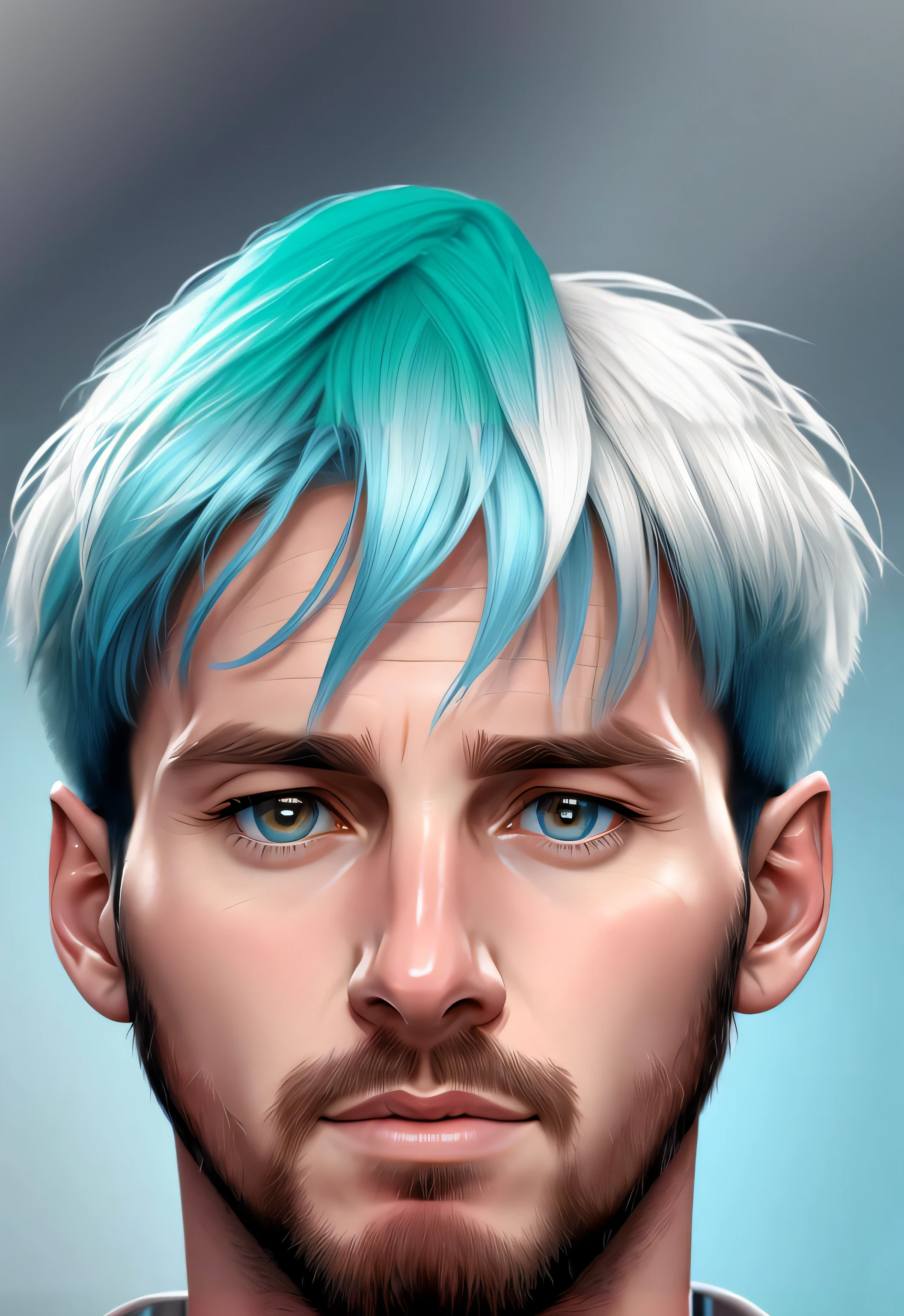 hombre con pelo de color cyan y blanco