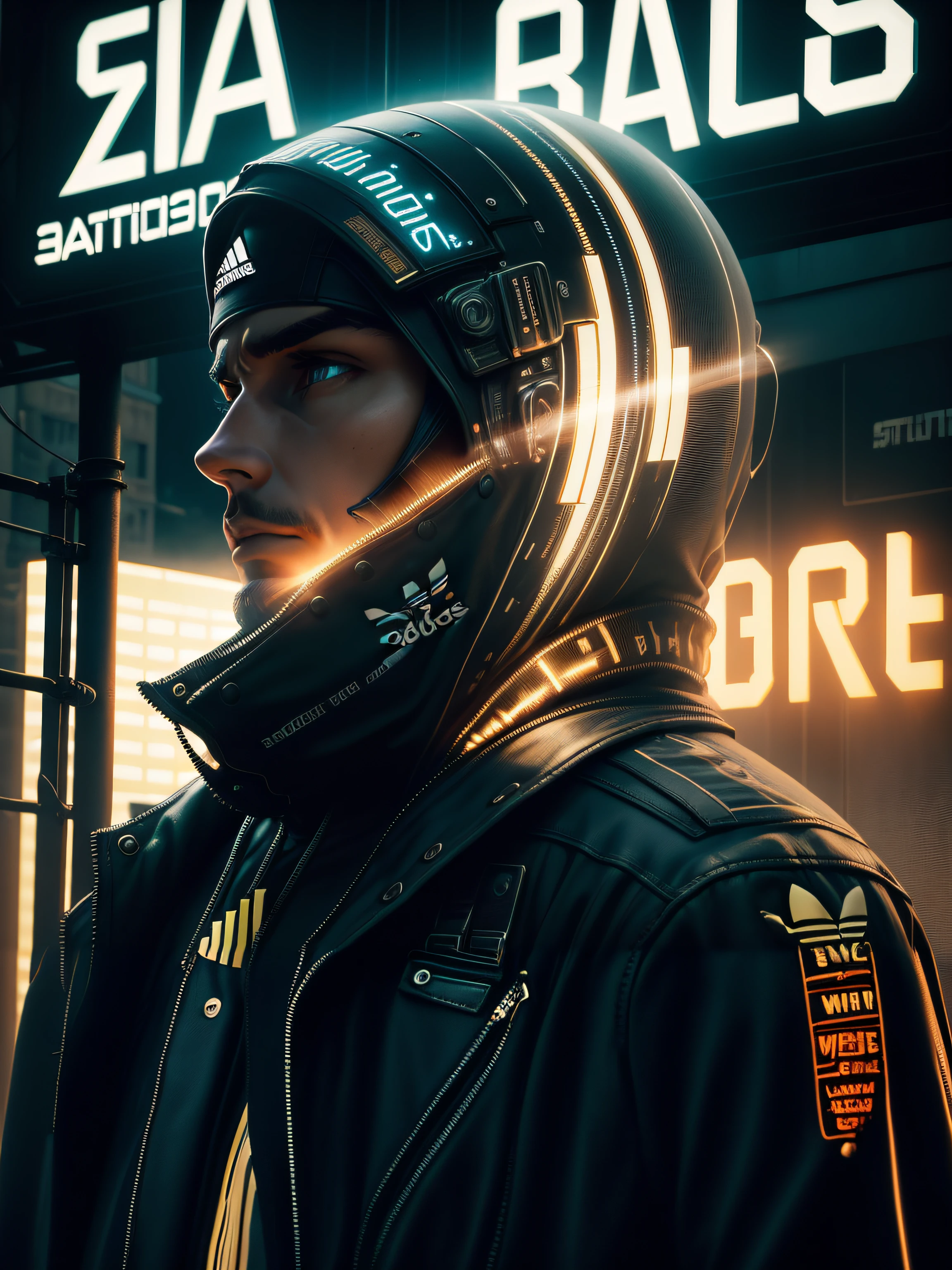 "Warrior in leather jacket on the street with neon signs."