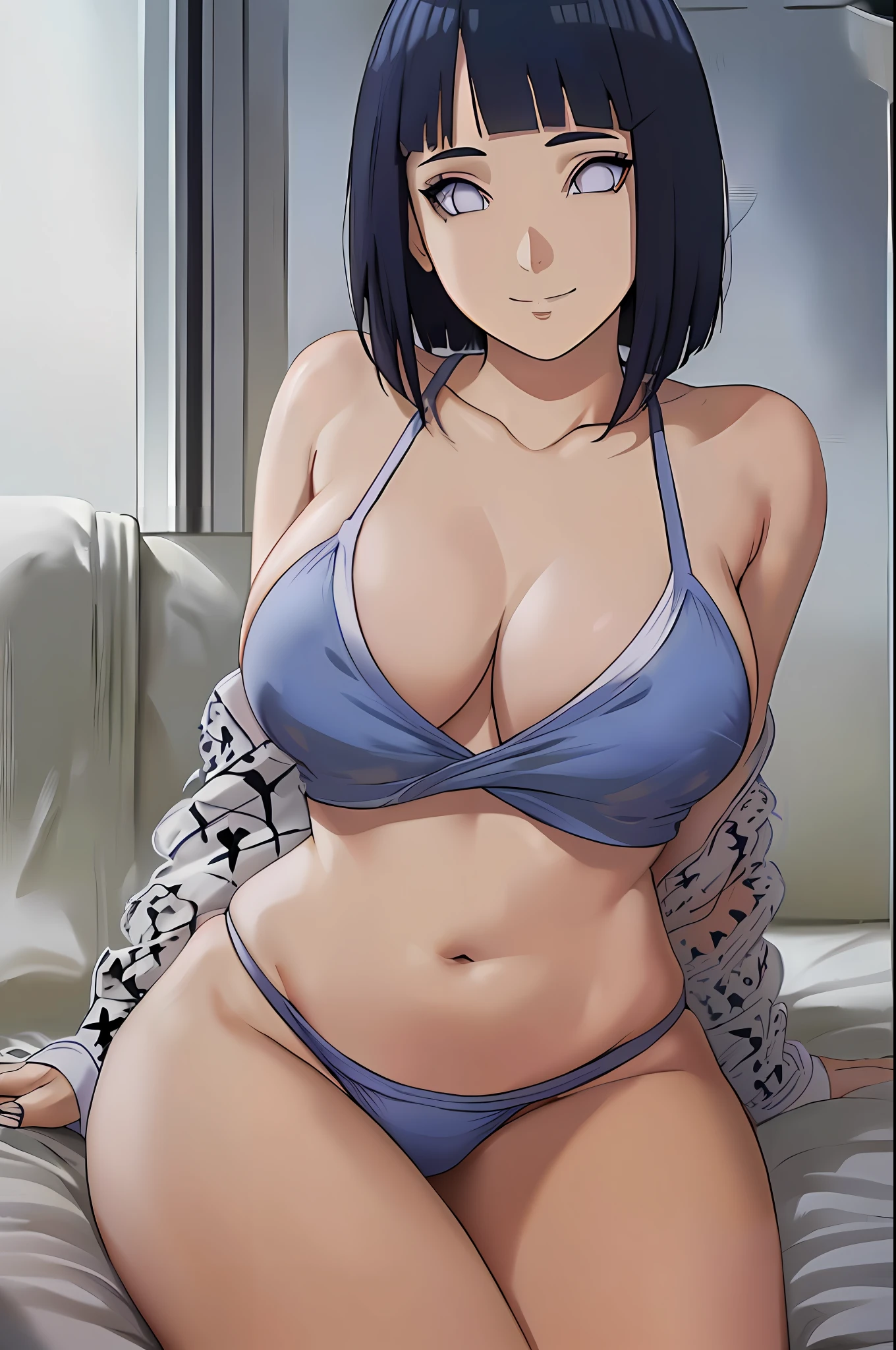 (masterpiece, 8k, anime style:1.9, bold drawing lines, plain, squating, bare body, BIG BREASTS, less clothing, taking off shirt, bare shoulders, sand on body, polished nails, seductive, very tight white micro bikini, no shirt, showing off), hinata\(boruto\), mature female, sunbathing, milf, (curvy:0.8), solo, short hair, hime cut, (dark blue hair color:1.1), white, flat belly, perfect eyes, anime eyes, smoky eyeliner, eyeshadow, perfect face, shy, sharp focus, professional artwork, intricate details, colorful, vibrant colors, vivid colors, digital blending, ultra detailed body, ultra detail hair, ultra detail face, trending on pixiv, kind smile, happy, very hot colors, holding armpit, setting on couch, armpit on couch surface, leaning on couch, hot colors, sunny day, less shade