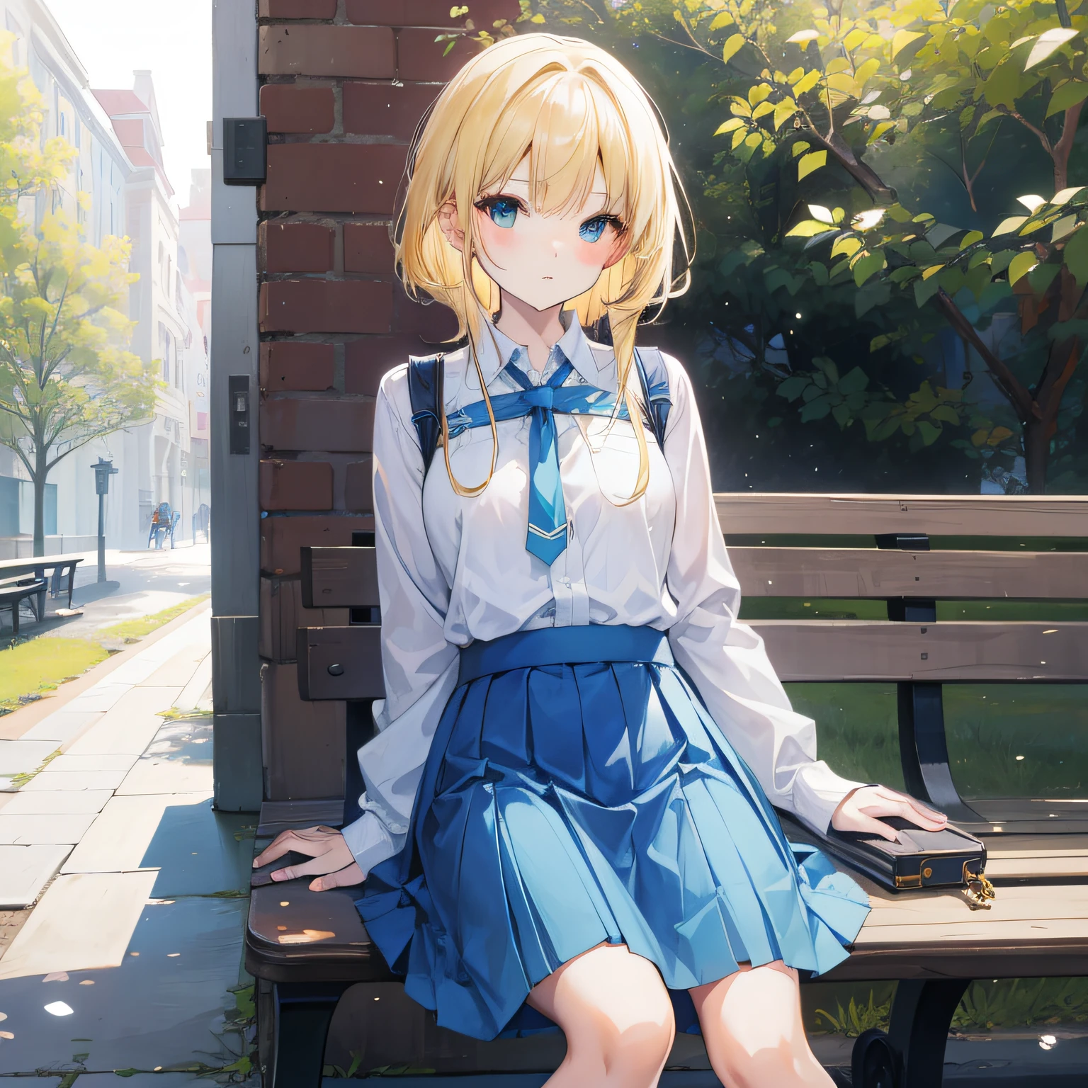 Girl with blonde hair and blue skirt sitting on bench