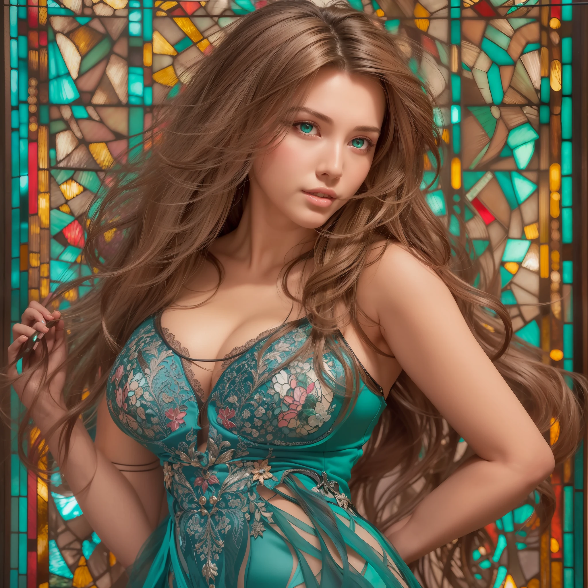 (masterpiece), (best quality), (ultra-detailed), (masterpiece:1.2), best quality), (ultra-detailed), realistic, illustration, beautiful woman, long hair, brown hair, beautiful eyes detail, (teal eyes), (beautiful stained glass dress), large breasts, high heels, smile, parted lips, full and defined body, thick thighs detailed body, dress with sexy short pink langerie.