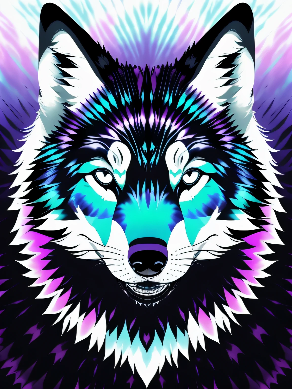 Vector-art of a (wolf tie dye design with a rainbow color scheme: 1.3). The wolf can be portrayed with a majestic and regal posture, and its fur can showcase a seamless gradient of the rainbow colors. Use soft and pastel tones for a harmonious and gentle look. Add geometric shapes or mandala patterns around the wolf to enhance the tie dye effect. This style should evoke a sense of harmony and serenity, isolated, black background, in the style of 0mib