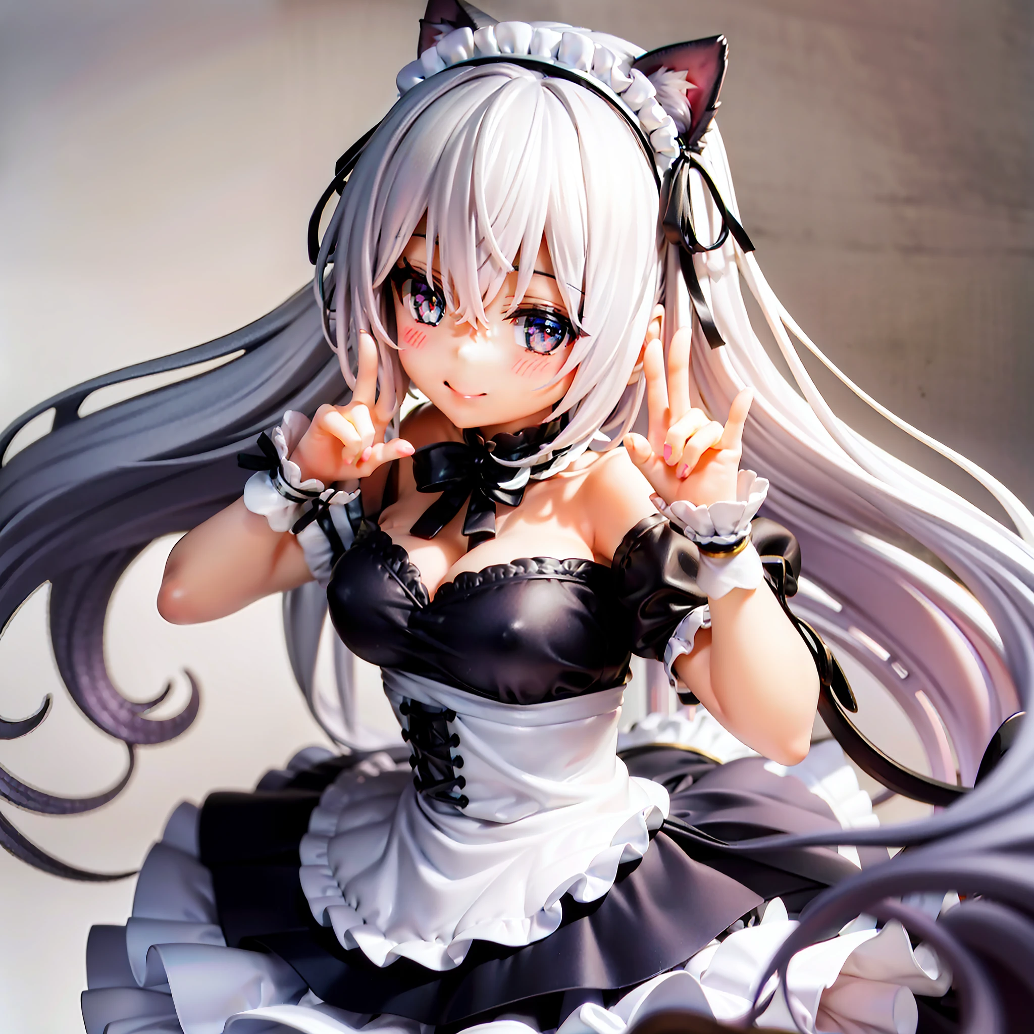Black hair, White hair, Hair ribbon, maid headdress, Blindfold, jewelry, Cat ears, Smile, Blush, surrealism, character sheets, blend, 8K, Super detail, hyper HD, Masterpiece