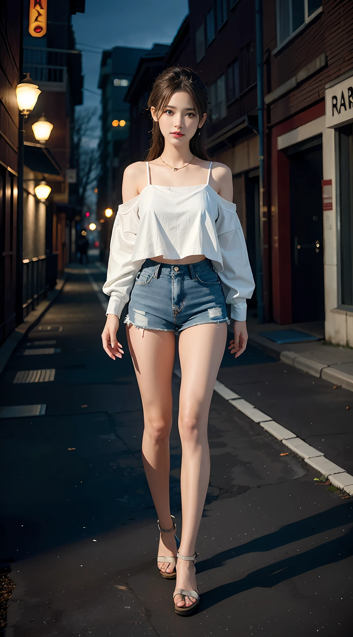 Urban Beautiful Girl College Student,tmasterpiece,Light makeup,Redlip,Silvery hair,Messy long hair,streets background,gracefulness,elegance。ultra fine detailed,Works of masters,Authentic texture,Cinematic lighting realism,perfect works,8k,k hd,Delicate facial features,White tight open-cut top,Clear white skinny shorts,Slim figure,big bright eyes,Smooth skin,eardrop,choker necklace,Full body photo,the feet,