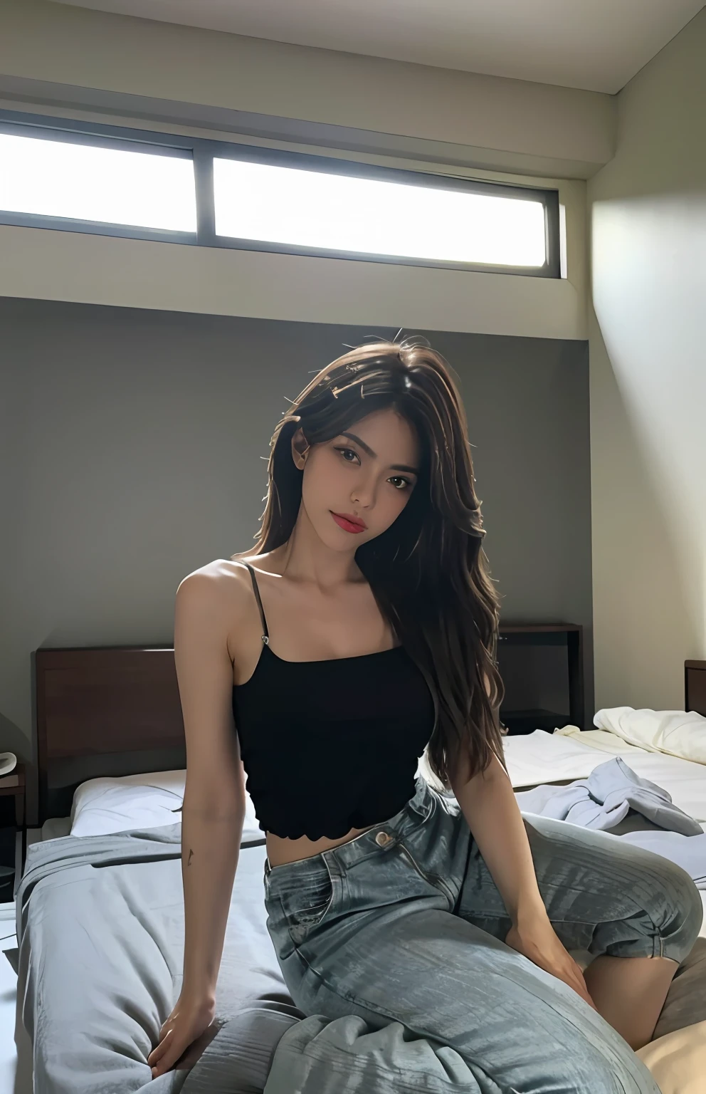 Melhor qualidade, obra-prima, ultra high-resolution, close up, full body, suggestive pose, (fotorrealista: 1.4), foto crua, 1girl, ((camisola de renda preta)), ((peito grande)), luz natural