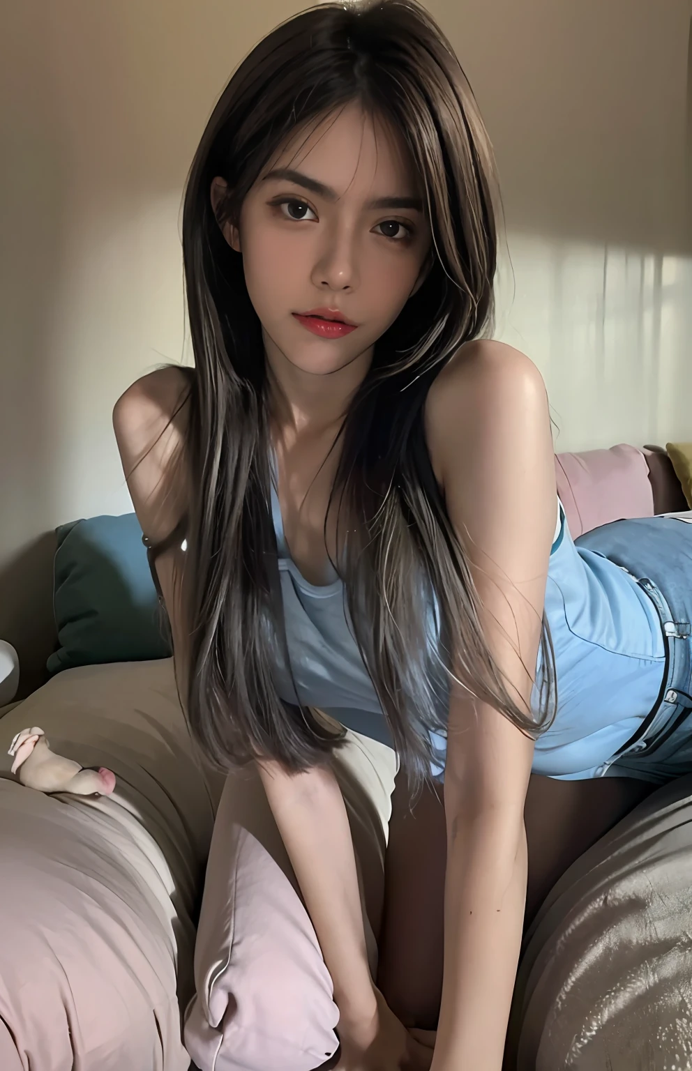 Melhor qualidade, obra-prima, ultra high-resolution, close up, full body, suggestive pose, (fotorrealista: 1.4), foto crua, 1girl, ((camisola de renda preta)), ((peito grande)), luz natural