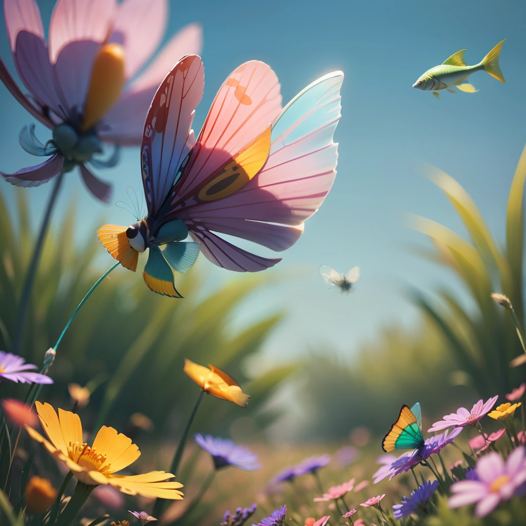 Three whimsical multi-colored fish fly between wild flowers and tall grass, smiling kindly, broadly and affably. Close-up. Warm, muted colors. Lots of details. Super photorealistic, Disney-style cartoon. 8k. fantasy blurred background. Light haze. --auto --s2