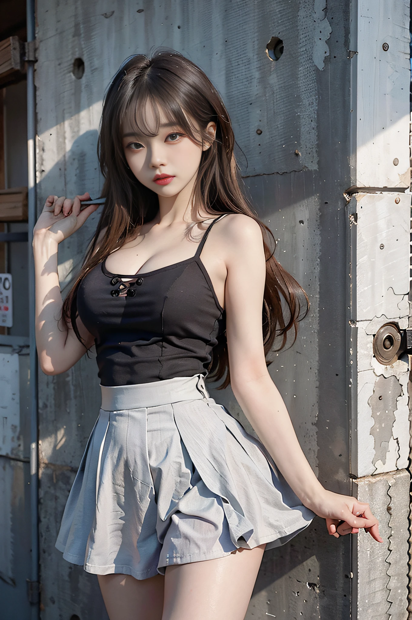 Top image quality、Raw photography、超A high resolution、Cute girl at 18 years old、Shooting for one person only、very large round breasts、cleavage of the breast、Camisole、skirt by the、Shiny hair、Beautiful Eyes of Details、very elongated eyes、Beautiful eyelashes、Beautiful double eyelids、eyeshadows、耳Nipple Ring、Wall on grey background