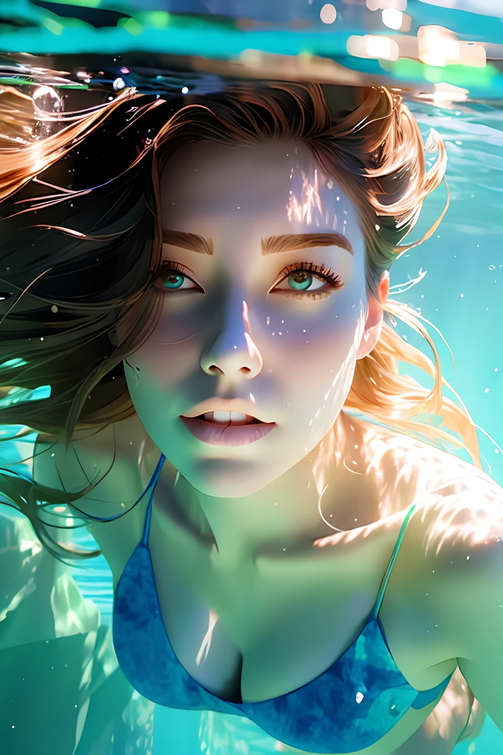 Woman young with ehite hair under water in ocean blue