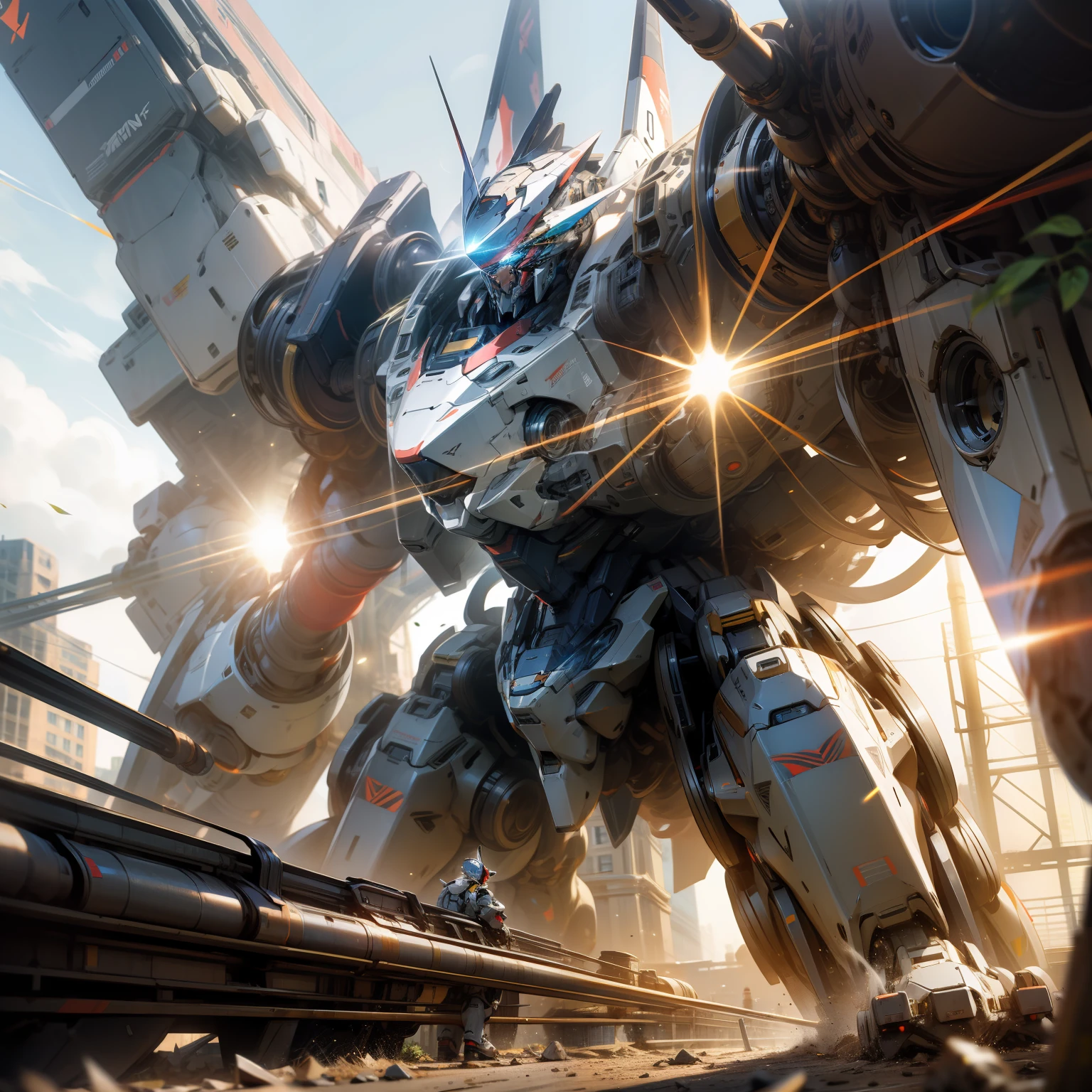 Big mecha robot in Turin, lens flare, Ultra-Wide Angle, from behind, UHD