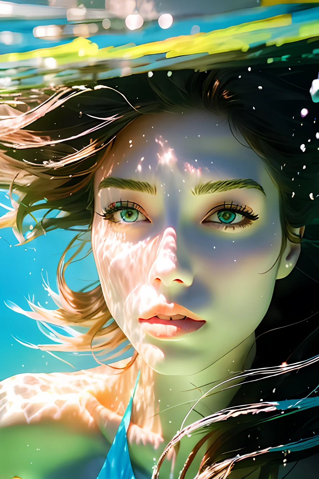 Woman young with ehite hair under water in ocean blue