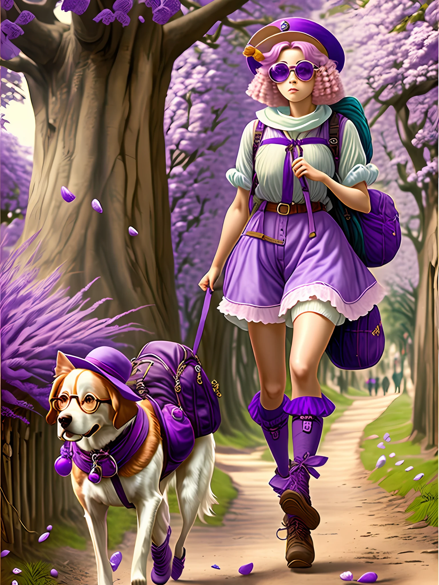 foto realista, garota 20 anos, cabelo rosa com coques, hat with purple peeps, regata, gaiters on the arms, round glasses, backpack carrying a dog --auto --s2
