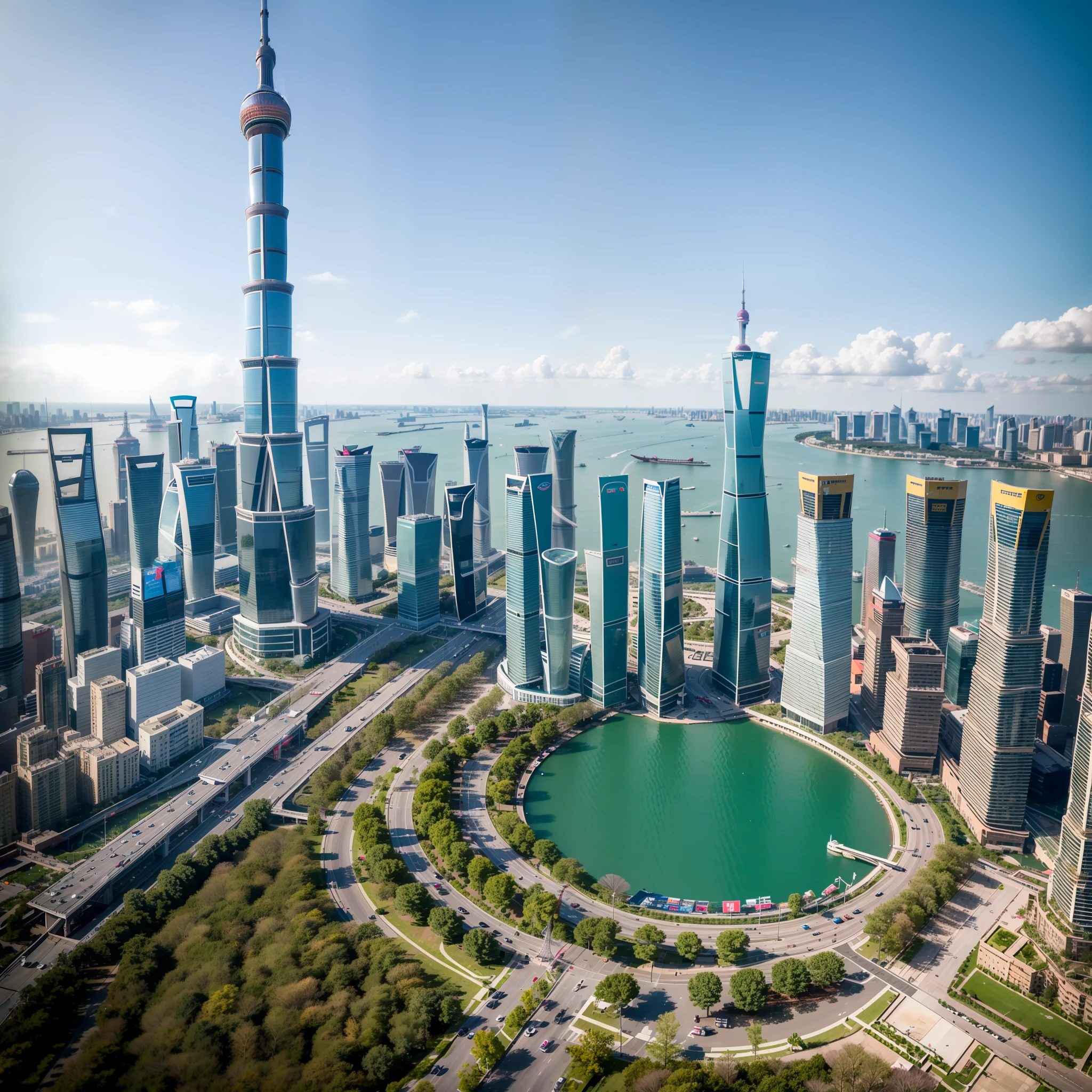 There is a fifth of the forest around,The sky is colorful,Located on the 108th floor of Shanghai Tower on the Bund in Shanghai,Five 11-year-olds, Delicate aristocratic girl in bikini frolicking in the pool by the floor-to-ceiling windows,High-altitude helicopters fly by from a distance