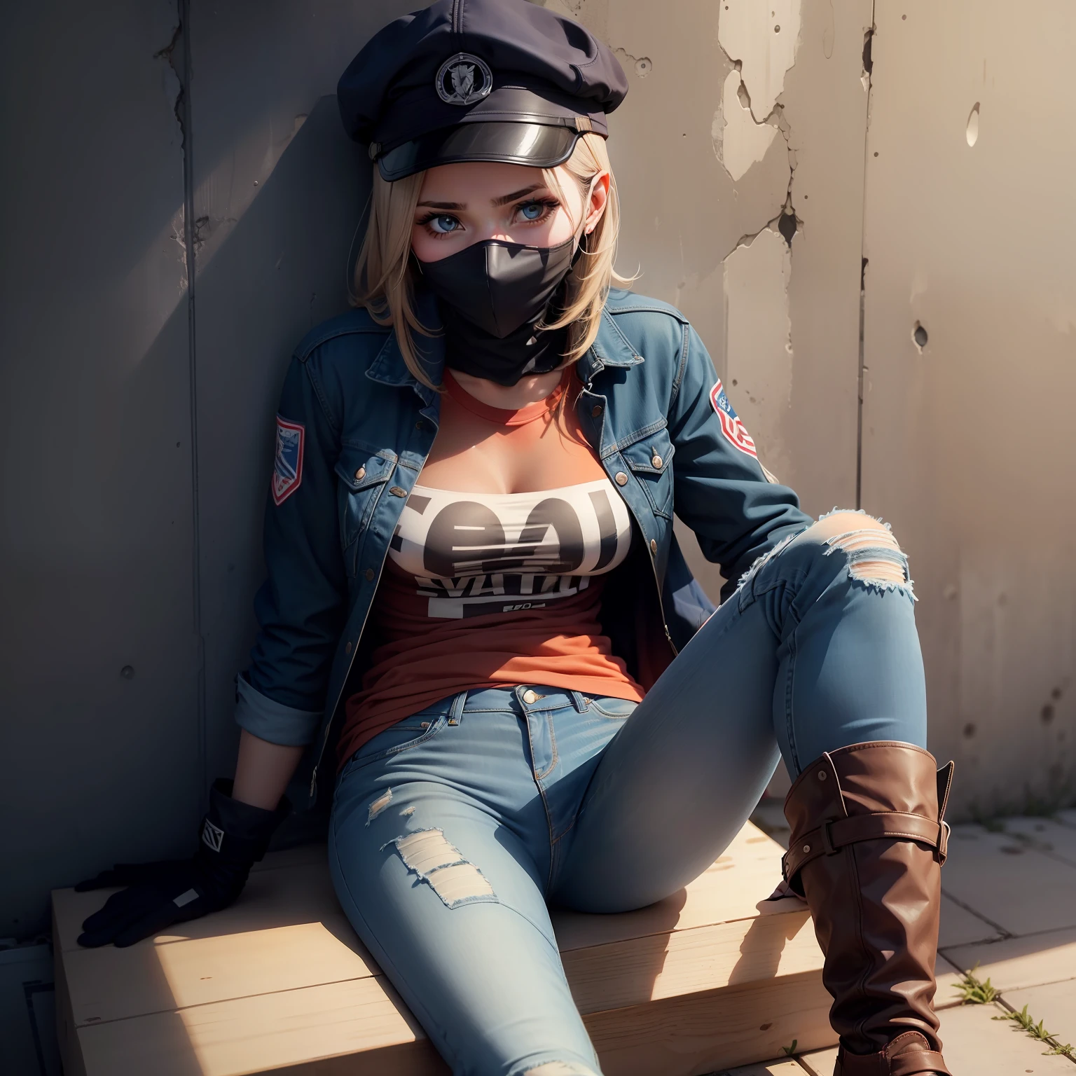 Beautiful woman, covered from head to toe in clothing, cap, t shirt, jacket, jeans, boots, gloves, mask, close up shot, expressive eyes, wall background, cornered