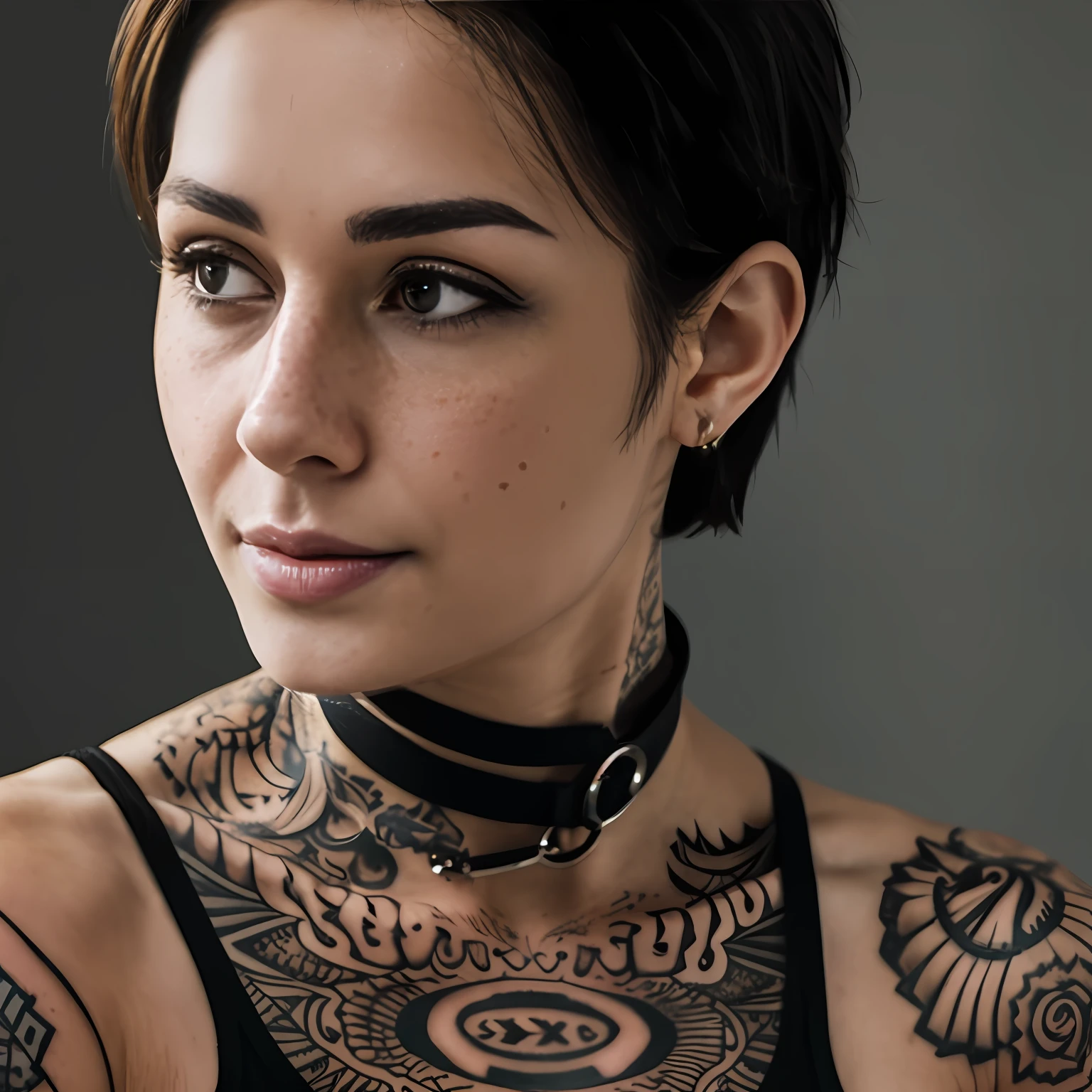 photo, rule of thirds, dramatic lighting, short hair, detailed face, detailed nose, woman wearing tank top, freckles, collar or choker, smirk, tattoo, complex background