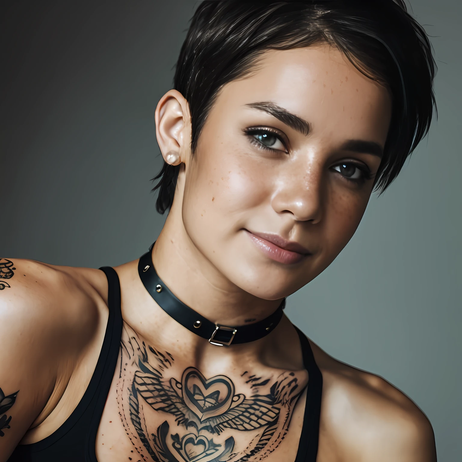 photo, rule of thirds, dramatic lighting, short hair, detailed face, detailed nose, woman wearing tank top, freckles, collar or choker, smirk, tattoo, complex background