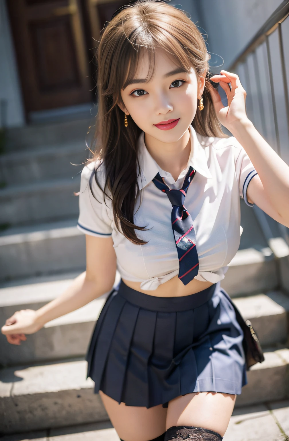 Gray eyes, Korean school uniform, summer school uniform shirt, ribbon tie, skirt, bright blonde, school stairs, going down school stairs, chest thrusting pose, chest bragging pose, 8k raw photo, high resolution, cool Korean at 16 years old, very big round breasts, beautiful eyes in detail, long eyelashes, beautiful double eyelids, eyeshadow, eyeliner, slender eyes, elongated eye shape, Sanpaku eyes, evil smile, evil look, beautiful very thin legs, beautiful very thin thighs, random medium hair, hair tied behind the head, earrings,