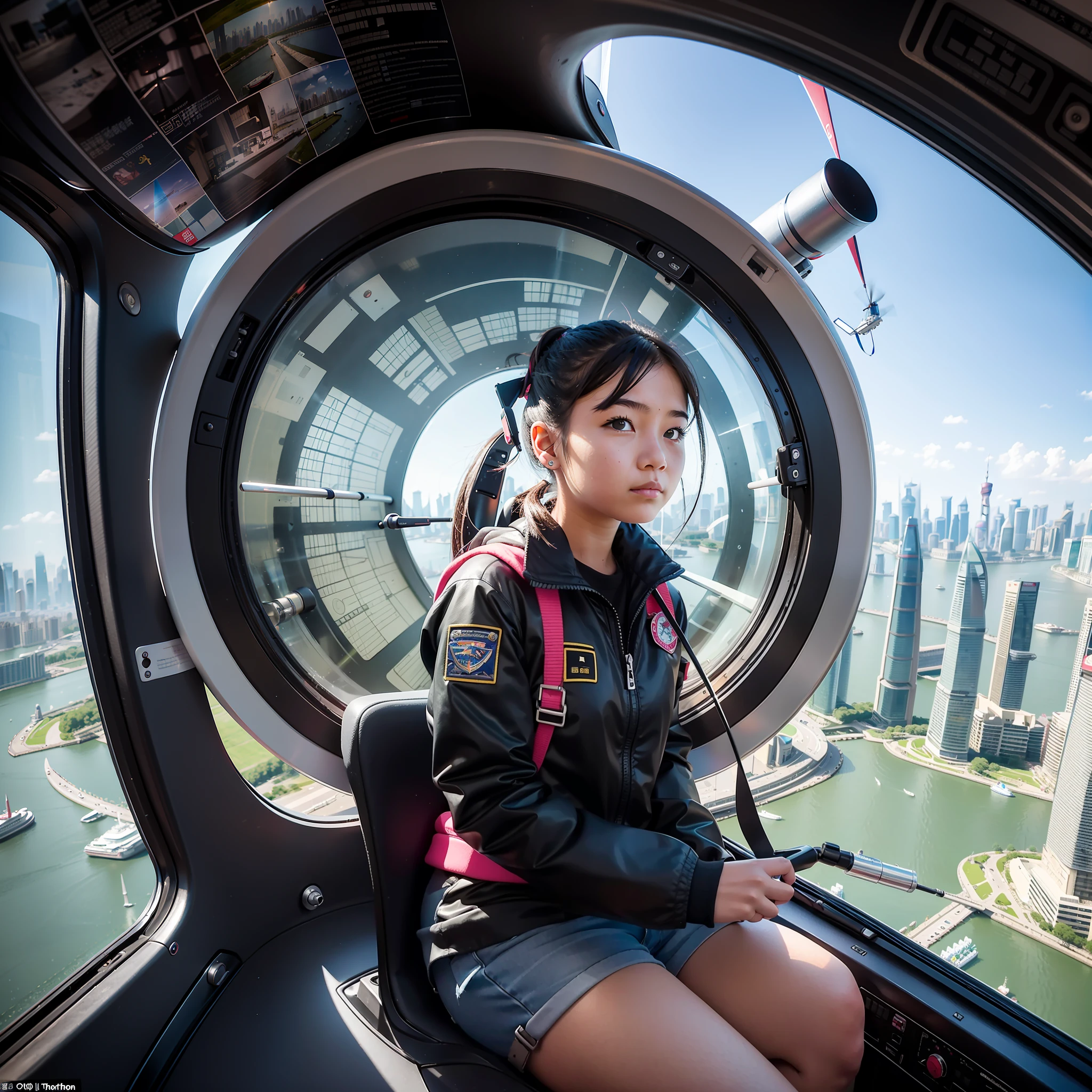 A sits in a helicopter at an altitude of 500 meters and watches the Bund in Shanghai with a telescope