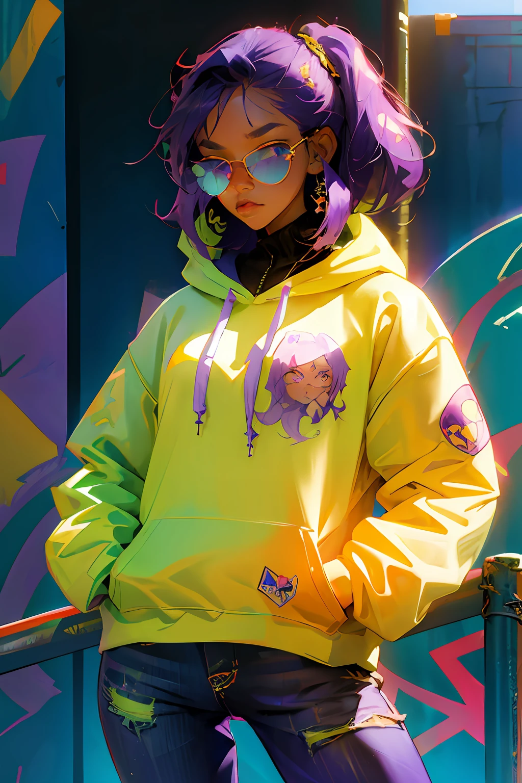 Beautiful girl, wearing hoodie, wearing sun glasses, purple blue hair, Anime style slime punk, graffitipaint on the background, correct anatomy, correct form, highly detailed, high quality, best resolution, 8k, HD, trending on artstation, masterpiece