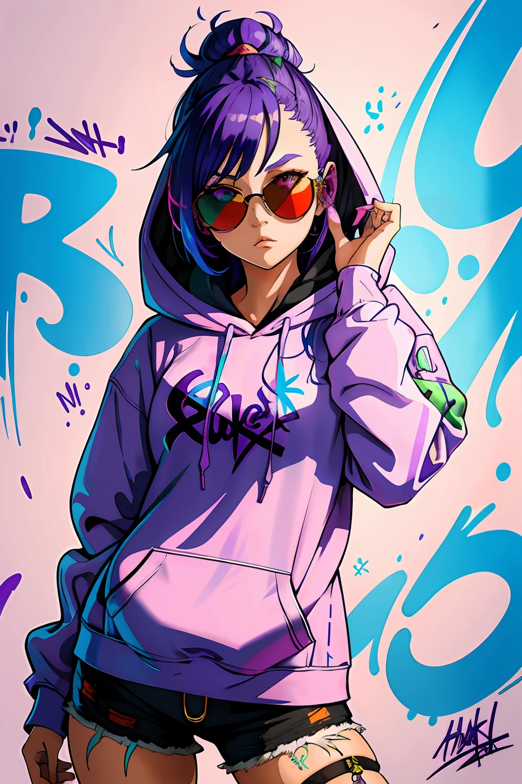 Beautiful girl, wearing hoodie, wearing sun glasses, purple blue hair, Anime style slime punk, graffitipaint on the background, correct anatomy, correct form, highly detailed, high quality, best resolution, 8k, HD, trending on artstation, masterpiece