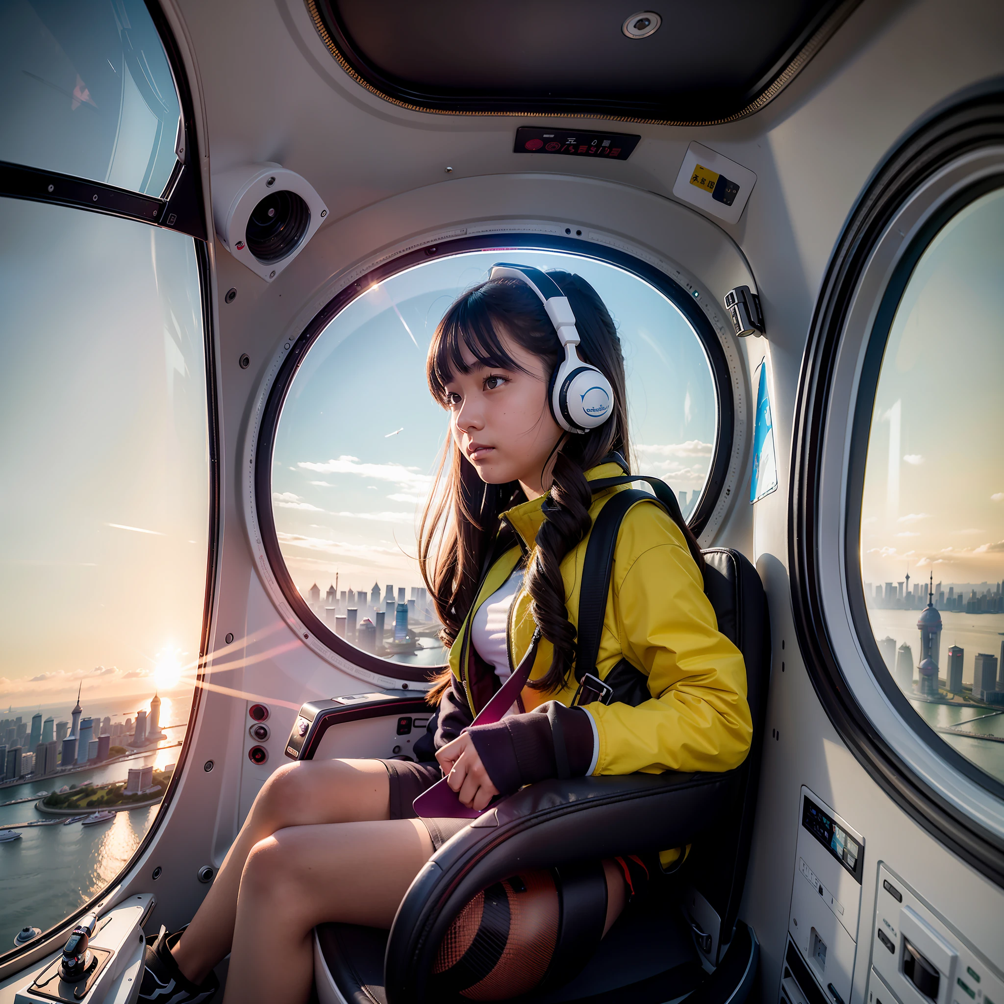 A 15-year-old girl sits in a helicopter at an altitude of 500 meters and watches the Bund in Shanghai with a telescope