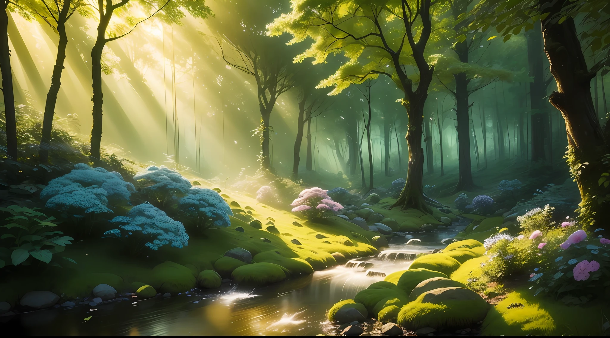 A breathtaking forest scene with tall trees reaching for the sky, sunlight filtering through the leaves, casting a golden glow on the forest floor. Small streams trickle through the moss-covered rocks, creating a serene ambiance. Delicate branches adorned with vibrant flowers and leaves add a touch of color to the scene. Fireflies dance in the air, their gentle glow illuminating the surroundings. The air is filled with a soft melody as butterflies flutter among the blossoms. Capture this enchanting moment in an intricate, high-quality illustration, with attention to the finest details and realistic shadows. Isometric 3D rendering using Octane Render and Ray Tracing will bring this magical forest to life