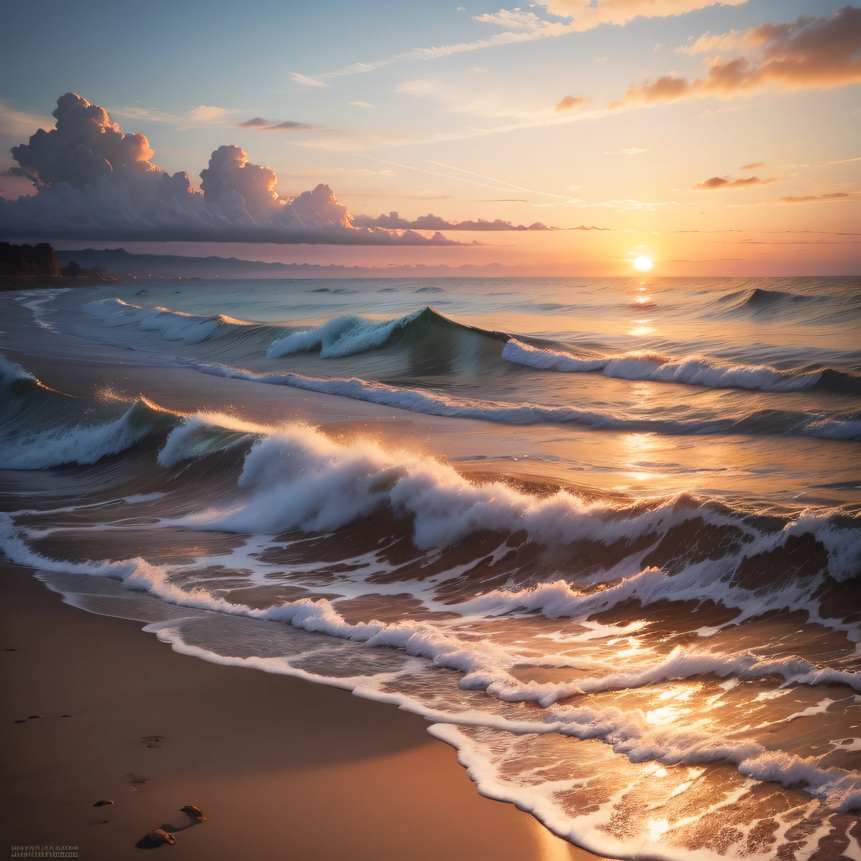 wavy sea beach sunset cloudscape