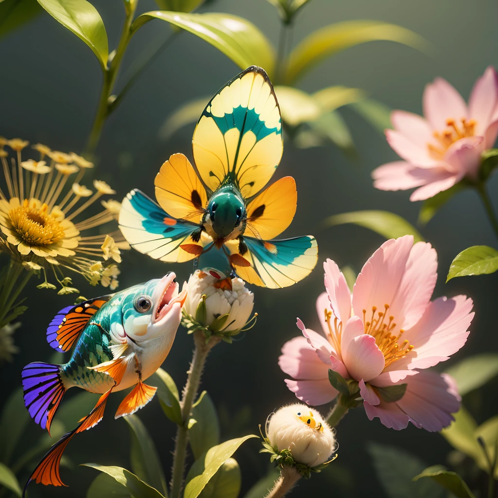 Three whimsical multi-colored fish fly between wild flowers and tall grass, smiling kindly, broadly and affably. Close-up. Warm, muted colors. Lots of details. Super photorealistic, Disney-style cartoon. 8k. fantasy blurred background. Light haze. --auto --s2