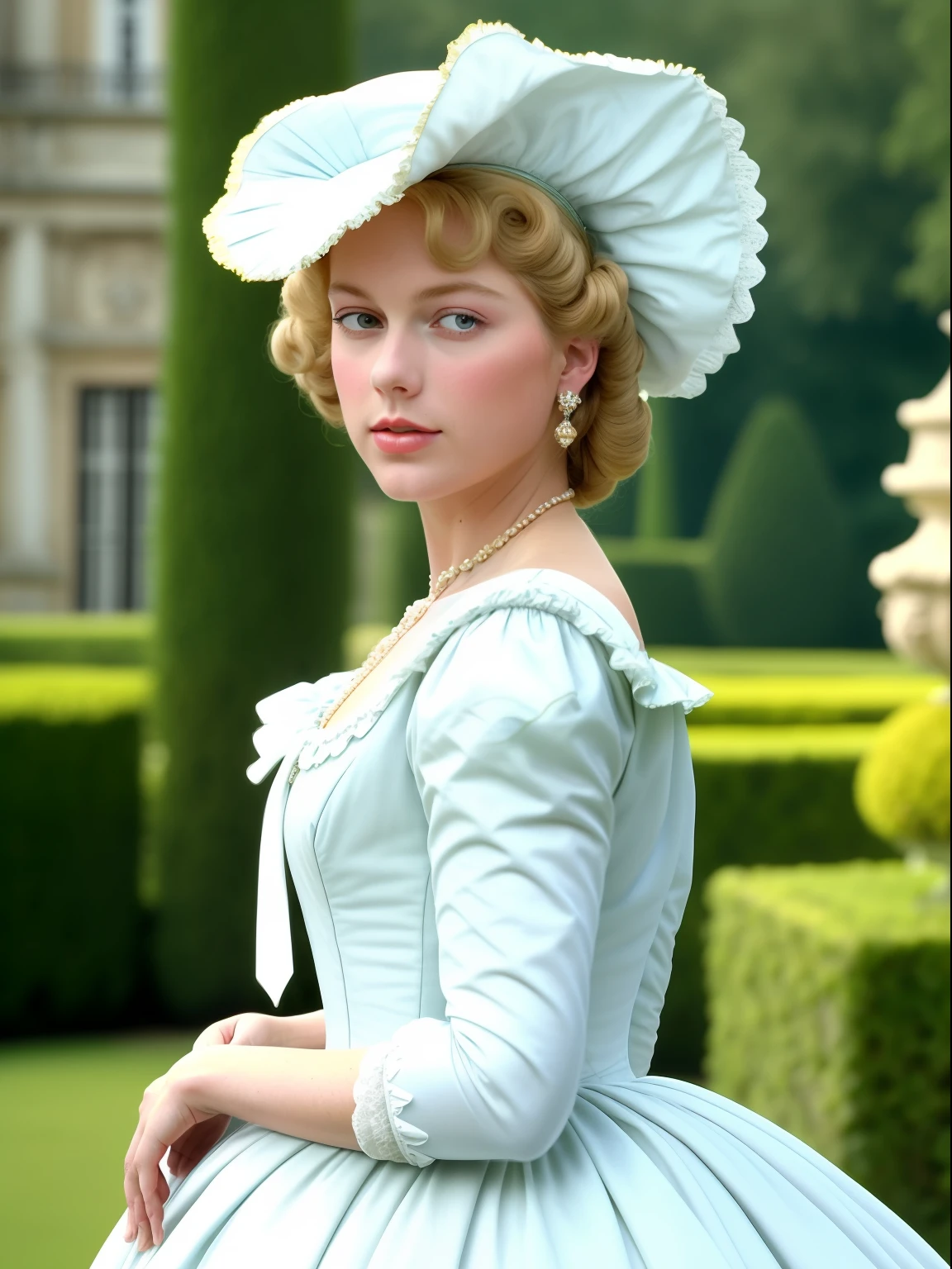 close up, the 90s scene movie, a young princess wearing white dress and shallow crowned hat with a Rococo coiffures and standing outside a garden in the 18th century in french, a screen shot by Victor Fleming, featured on tumblr, aestheticism, movie still, 1990s, look like Taylor Swift, film grain, fashion inspired by Madame du Barry, regency era in French, rococo fashion