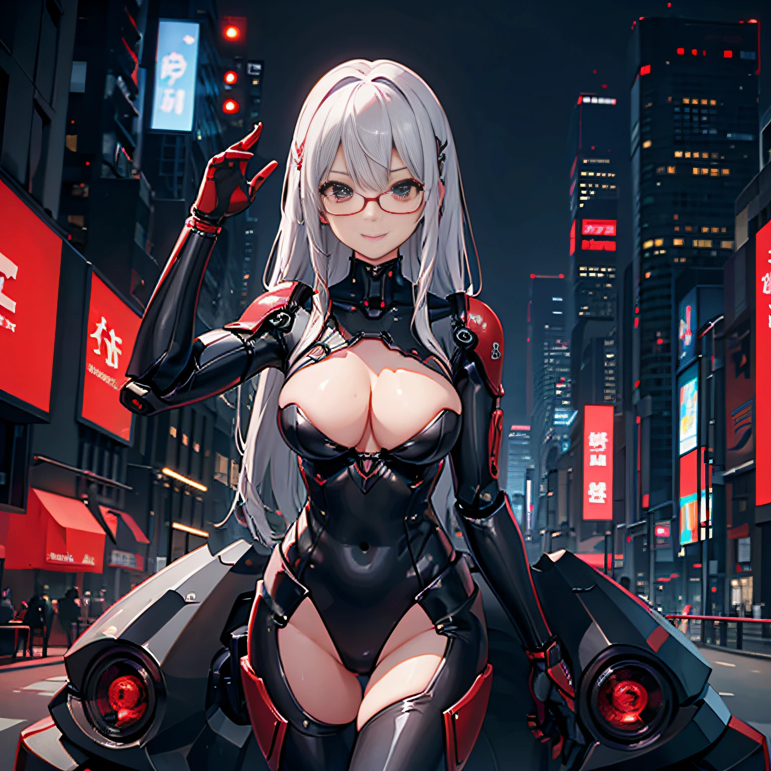 realisitic、tits out、Cyberpunk、cleavage of the breast、Beautifully shaped breasts、Raw feet、Cyber City、natta、nightcity、A smile、((top-quality)), ((​masterpiece)), (high-detail:1.3), 3D, Beautiful fece、mechanical suit、Near Future Cyber Suit、Red Black Cyber Suit、Red-Black Robot Costume、The right arm is a robot、Red Robot、Silvery hair、Silver-haired shortcut、eye glasses