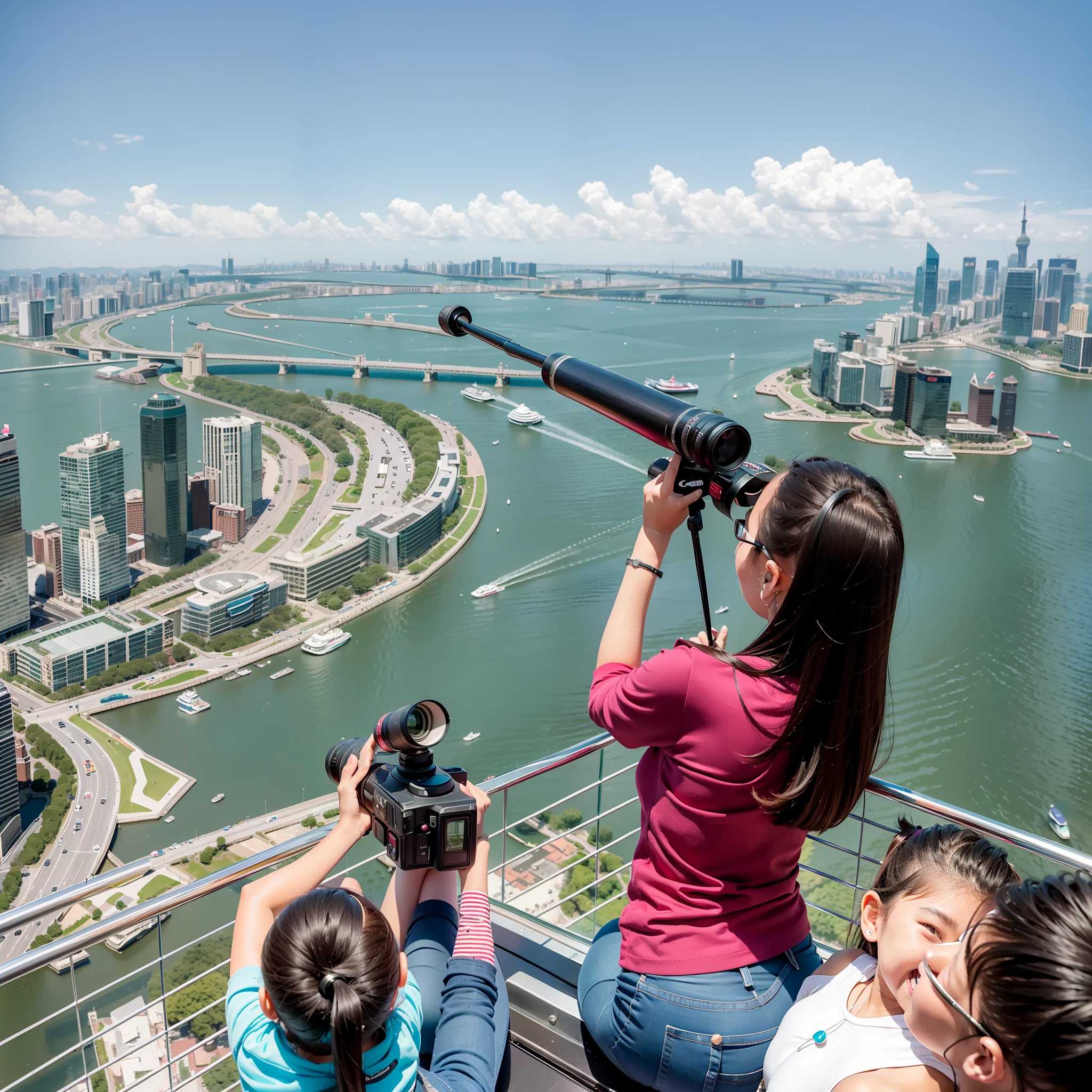 Look down at the whole family,Canon shooting, sitting in a 500-meter helicopter,Look at the Bund with a telescope