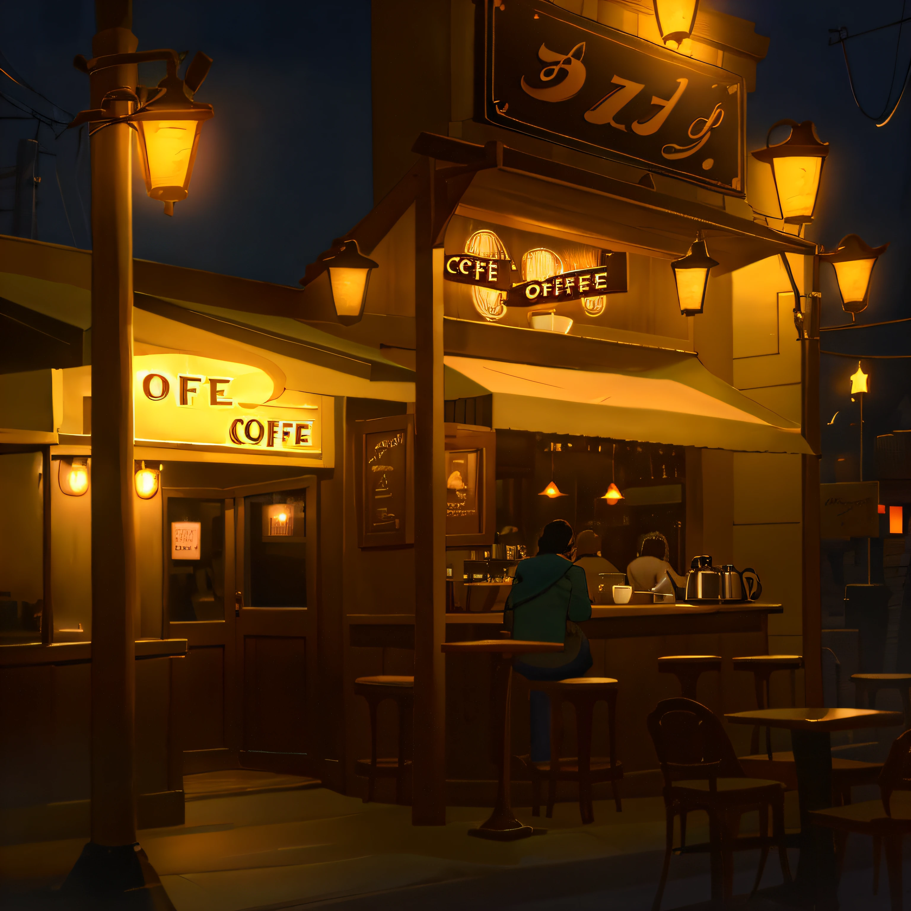Night scene of a coffee shop with a bar and a couple of people, cozy cafe background, coffee lighting, Night coffee, coffee shop, tabernas estilo de vida nocturno, Taberna aconchegante mal iluminada, night time render, taberna aconchegante mal iluminada, octan render. por makoto shinkai, coffee shop, detailed an empty jazz coffee shop, cinematic lighting at night