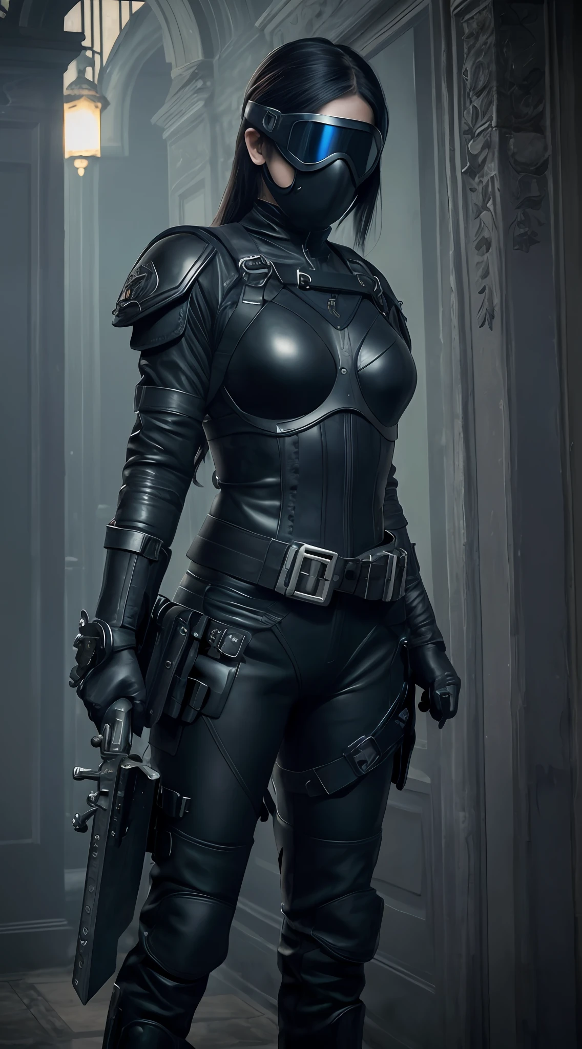 Photorealistic, final render, real, realistic, a badass girl in all black leather and body-armor, form fitting, in a filter breathing mask and futuristic blue aperture goggles, with two large ornate swords and a utility belt, in a haunted mansion, horror, dark, dim,