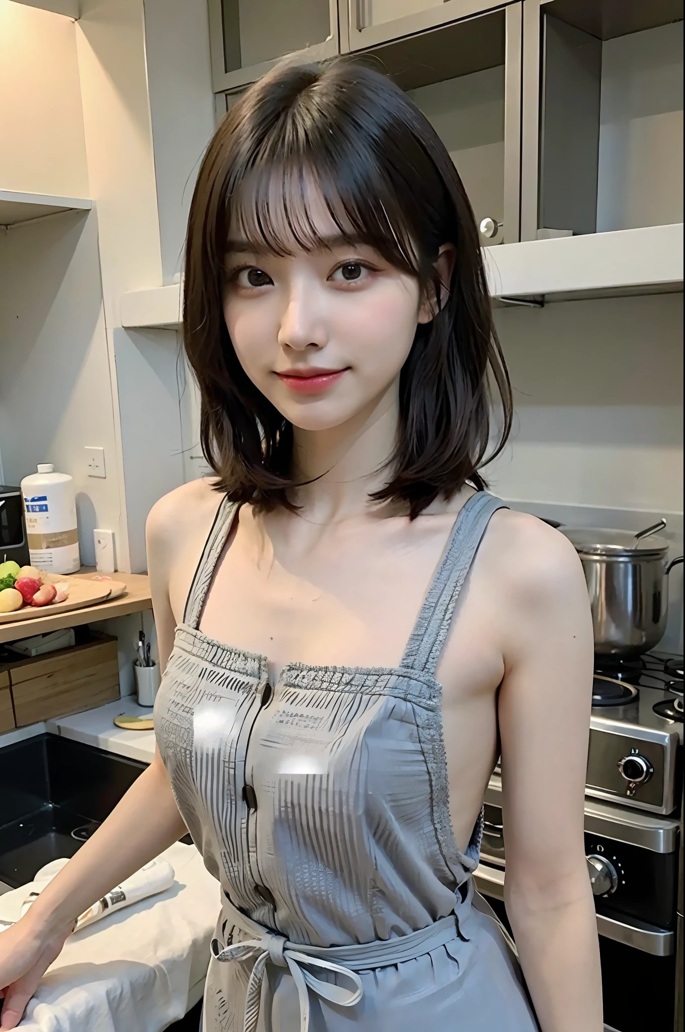 a woman is cooking、(kitchin_Apron:1.Wear 3)、Good Hand、4K、hight resolution、​masterpiece、top-quality、Cap:1.3、((Hasselblad photo))、Fine skin、foco nítido、(lighting like a movie)、Soft lighting、dynamic ungle、[:(详细的脸:1.2):0.2]、Medium chest、sweats streamed skin:1.2、(((In the kitchen))) Cute smile　Viewer's Perspective　Colossal tits　Tying hair　Sleeveless　Put out your upper arm　Shoulders are sticking out　Cleanliness　Large kitchen　Beautiful kitchen　wine glasses　posterior view　Behind　backs　Raise and tie your hair