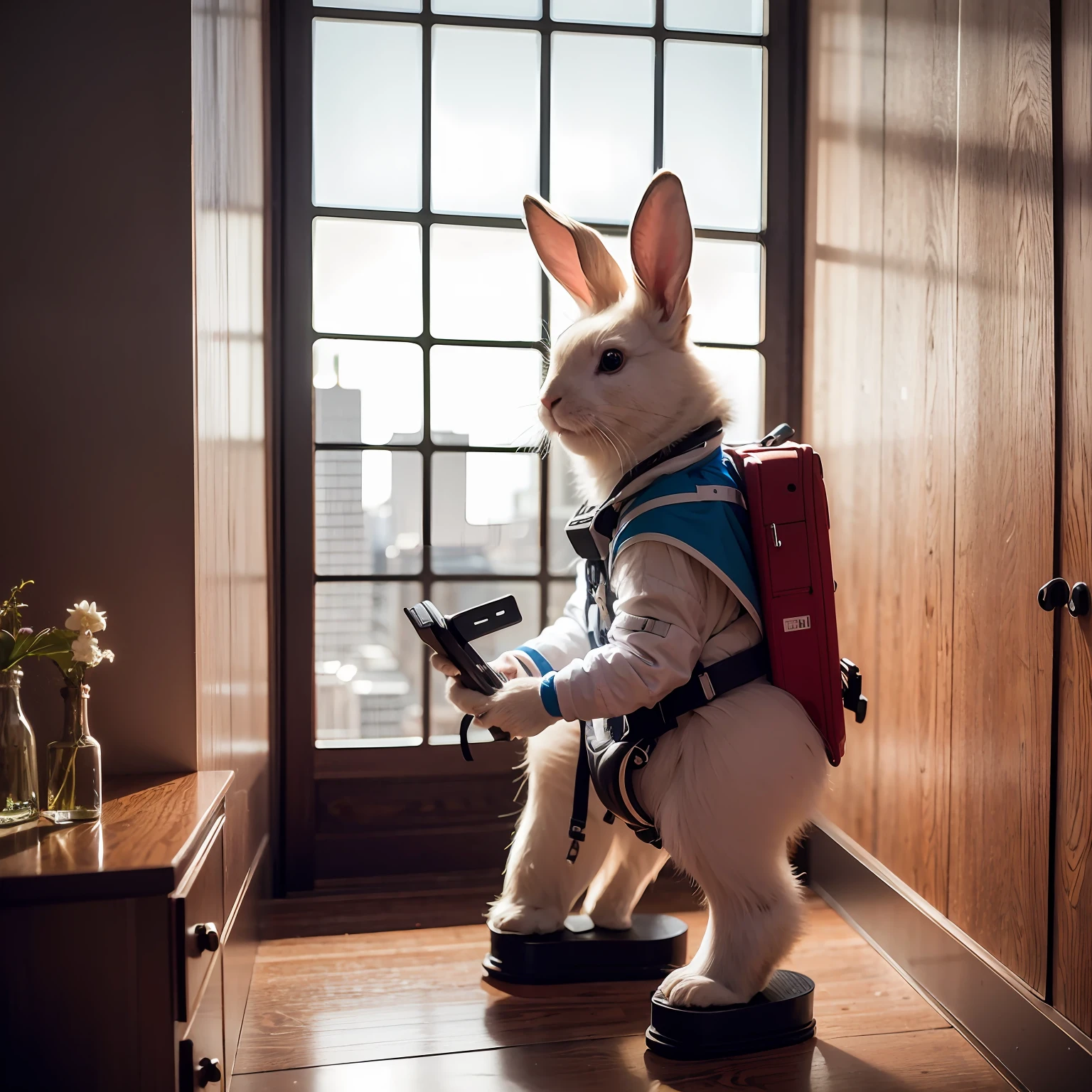 masterpiece, best quality, 8K, colorful, photorealistic, HDR, high detail, wallpaper, rabbit, space suit, spaceship, window, nebula, full body