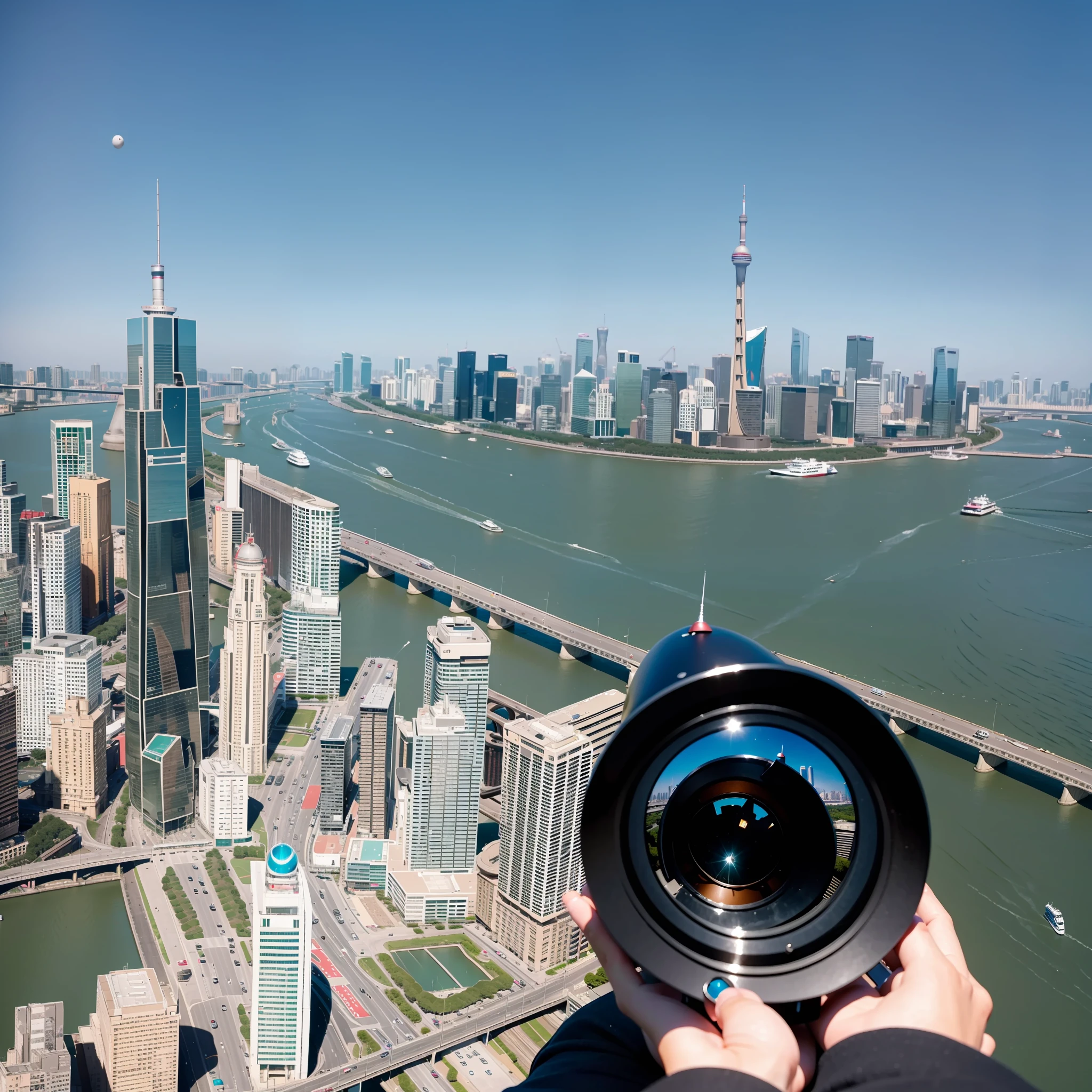 Look down at the whole family,Canon shooting, sitting in a 500-meter helicopter,Look at the Bund with a telescope