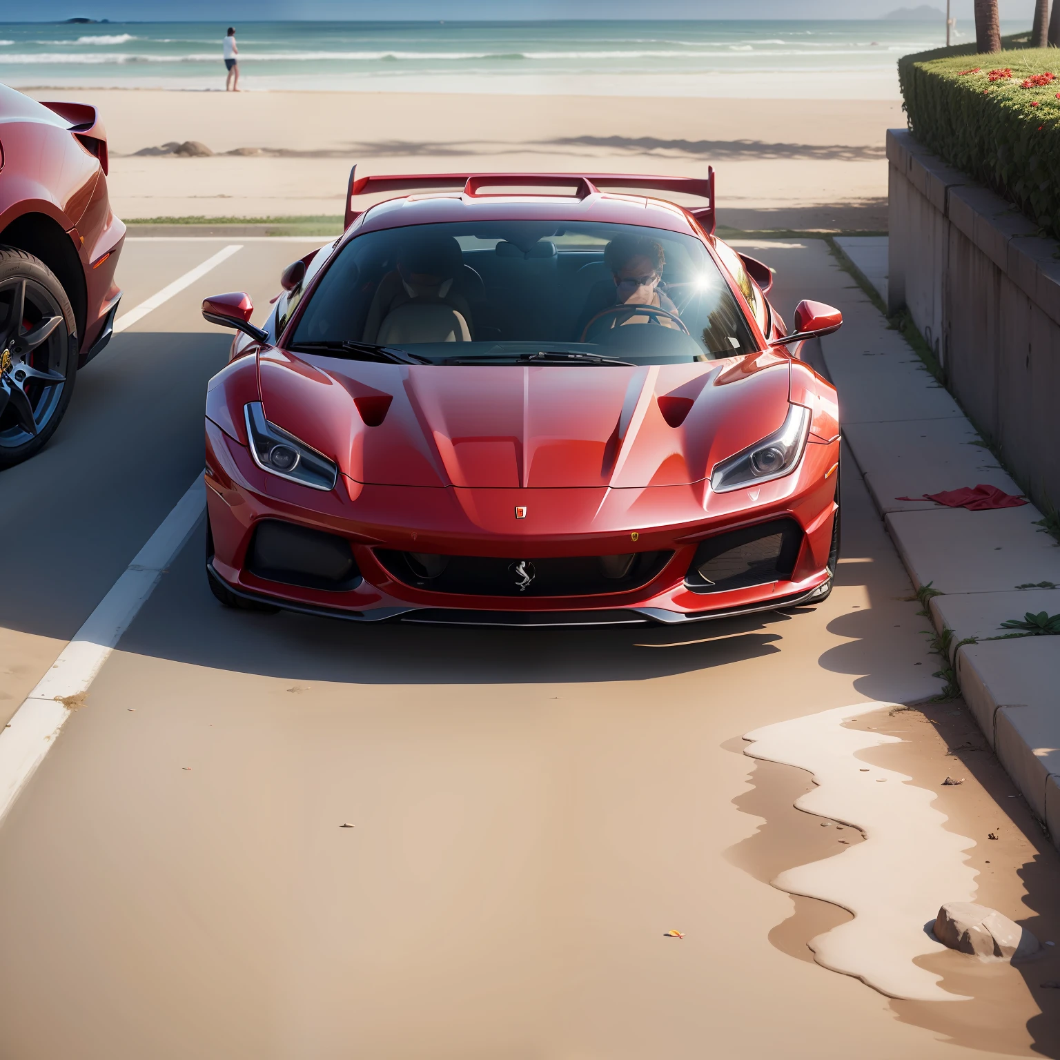 Make a red Ferrari, parked on the sidewalk of the beach of rio de janeiro brazil, cinematic light, cream light, sunny day, bloom effect, detailed, reflexive, background beach