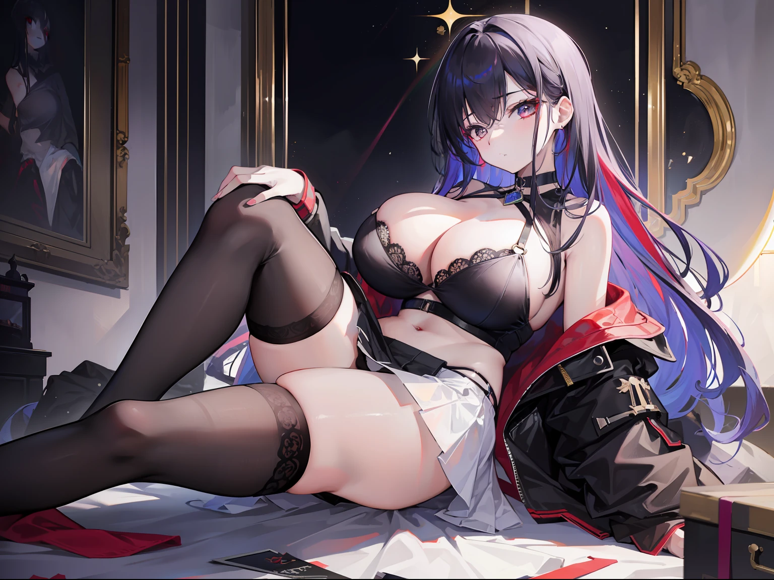 1girll(tmasterpiece,top-quality,best qualityer,offcial art,Beauty and aesthetics:1.2),seen from the side,looking at viewert,(rainbow colour hair,The color hair,Half-black, Half-red hair:1.2),ultra gigantic tits,Royal Sister,jk,(clothes see-through:1.4),(perspired:1.4),Black lace bra,Superskirt,black lence stockings,torn laundry,Raised sexy,seductiv,Flushed complexion,extremely large bosom(plumw)