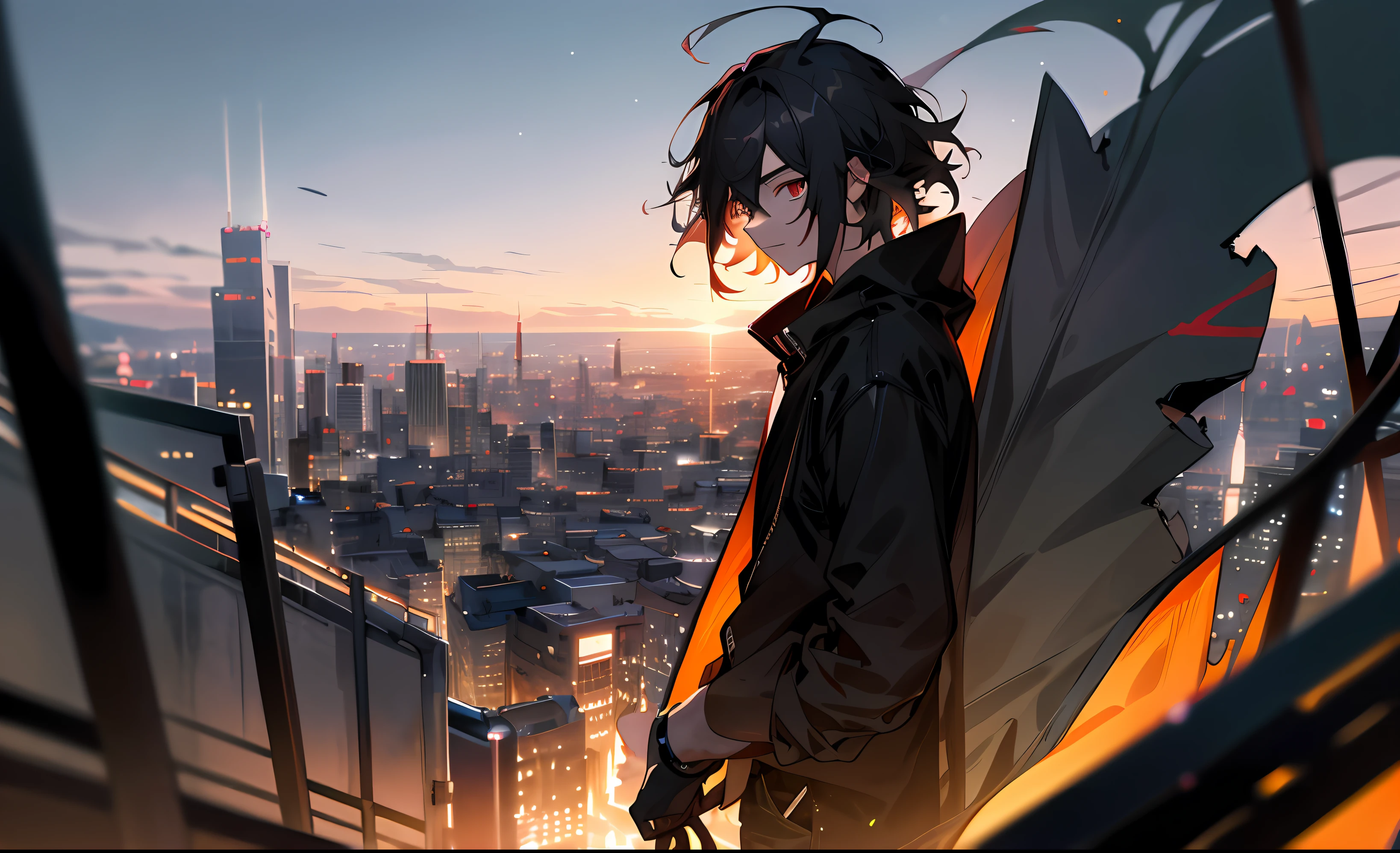 1man,masterpiece,best quality, ultra high res, dusk,cityscape,depth of field, short black messy hair, solo male