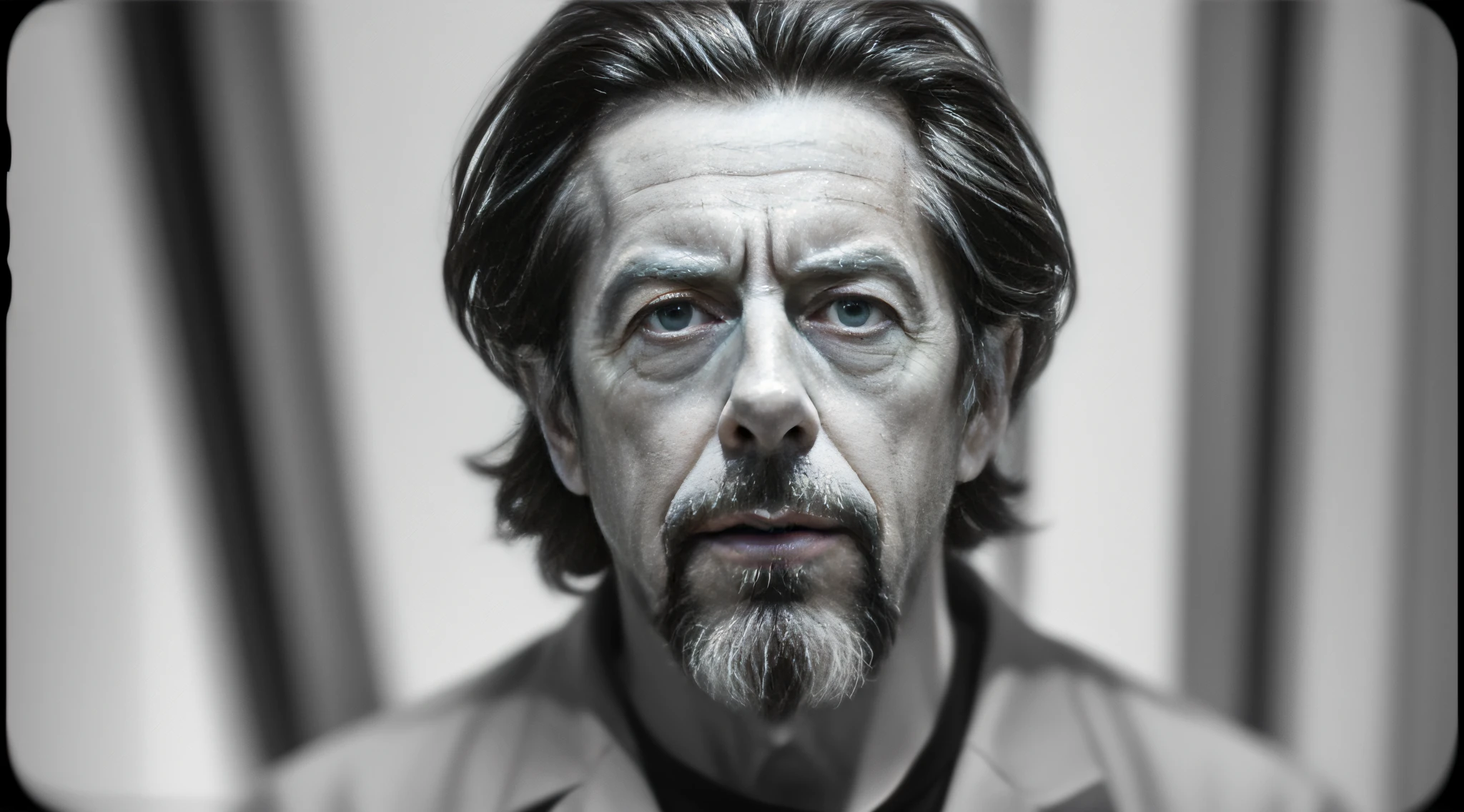 "Alan Watts with a serious expression, in a black and white photo, with a blurred background."