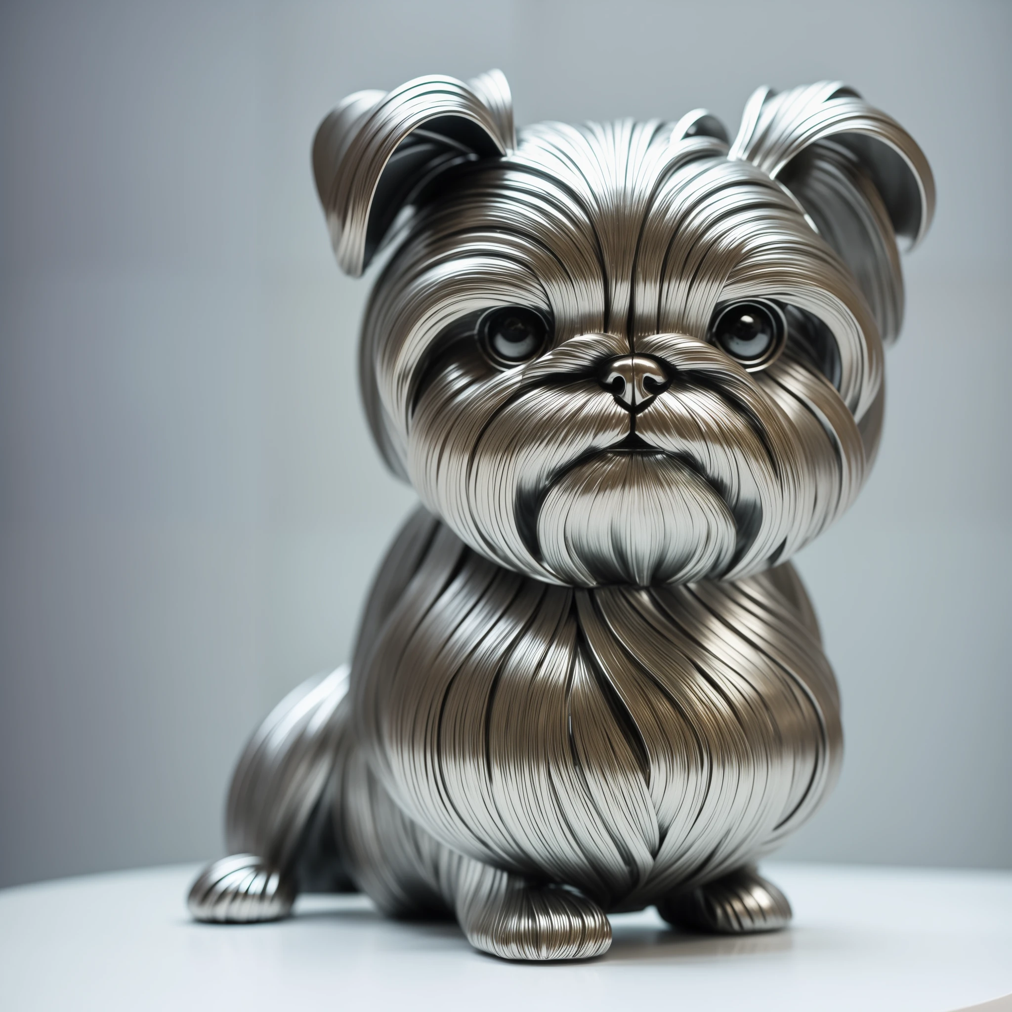 There is a magestuous silver sculpture of a Shih Tzu big eyes, feito de metal branco brilhante, feito de prata brilhante, arte em metal, Shih Tzu , escultura de metal surreal, escultura de metal, escultura de metal, prata, mais alto detalhe, Escultura premiada, nova escultura, made of brushed steel, reflexos de metal realistas, arte cromada