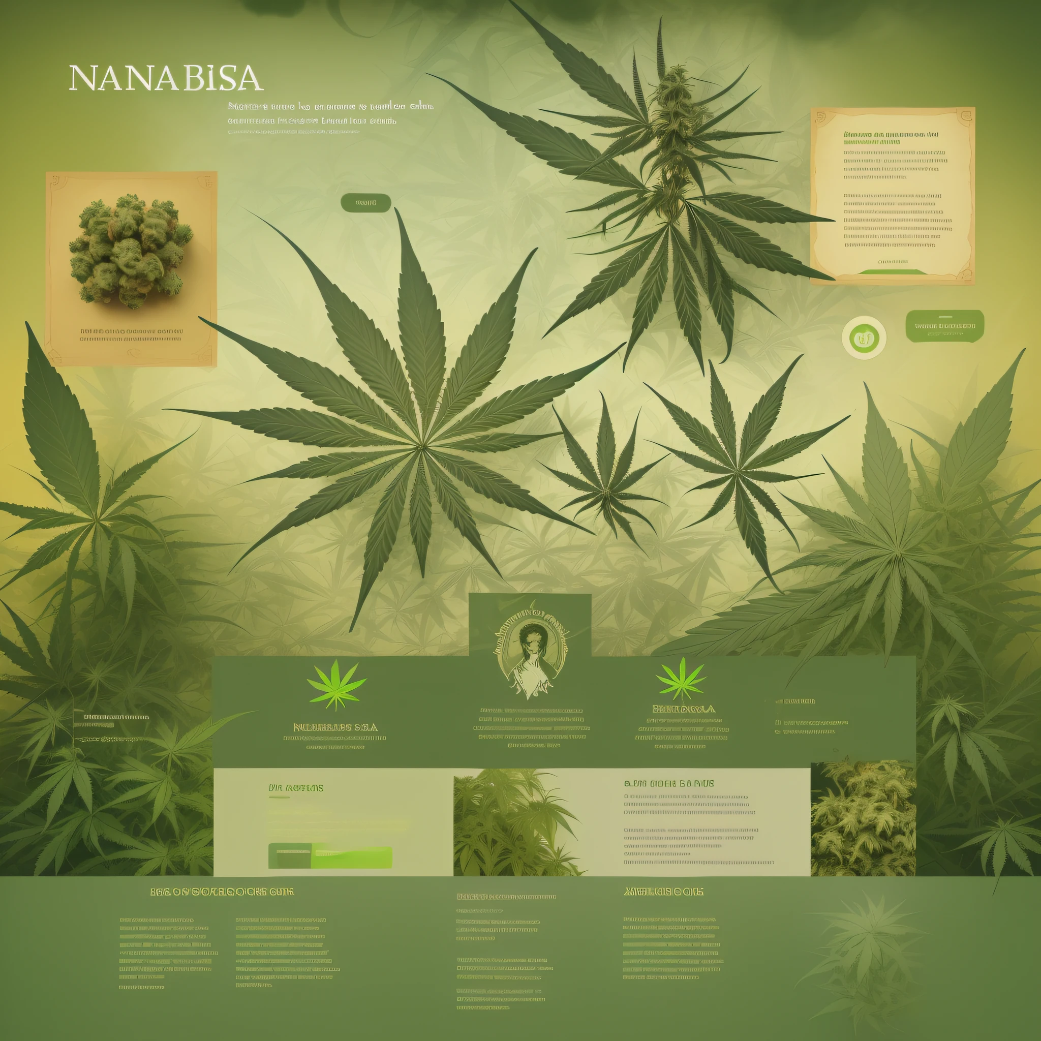 Introducing “Na Brisa” page, engaging image, harmonious color scheme, natural greens, cannabis theme, creative, Design with a positive and friendly tone, short text description introducing the page's content, mission, and the motivation, text legible and easy to understand ,captivating, (infographic), (smoke)