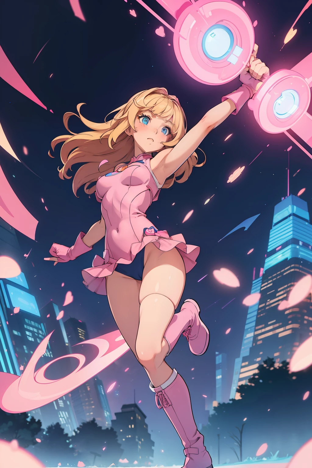 ((masterpiece)), ((best quality)), ((highres)), 1girl, solo, leotard, bare legs, matching boots, sleeveless, looking at viewer, light particles, city backdrop, perfect hands, perfect eyes, perfect leotard, perfect legs, perfect arms, perfect fingers, medium breasts, pink leotard, standing, blonde hair, long hair, knee boots, blue eyes, heart cutout, cute face, hair down, bangs, sleeveless, pink gloves, pink footwear, cleavage cutout, superhero